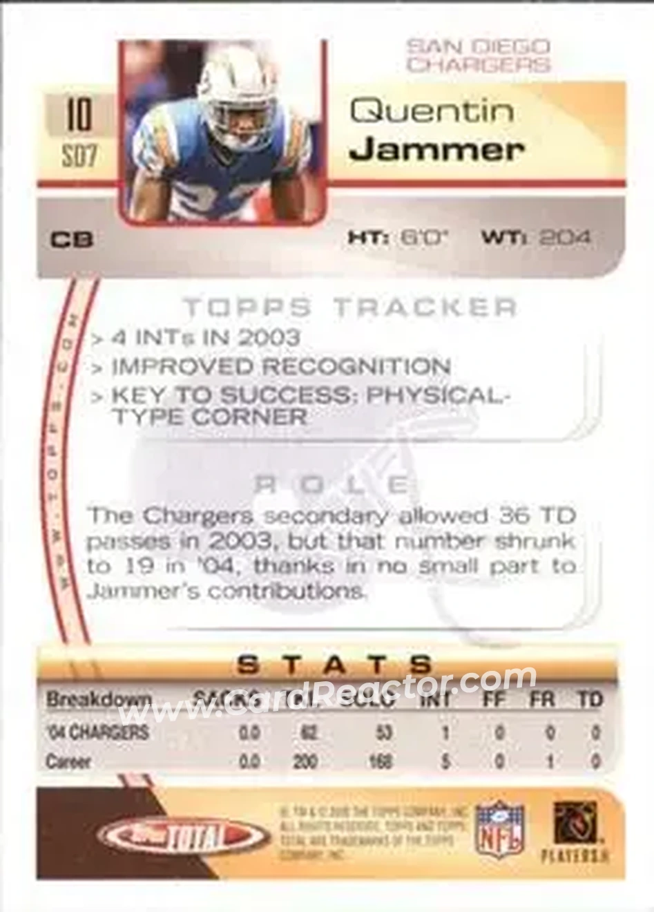 2005 Topps Total #10 - Quentin Jammer - San Diego Chargers - Back 2005 Topps Total #10 - Quentin Jammer - San Diego Chargers - Back