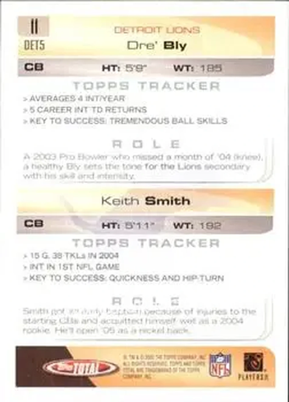 2005 Topps Total #11 - Keith Smith - Dre' Bly - Detroit Lions - Detroit Lions - Back