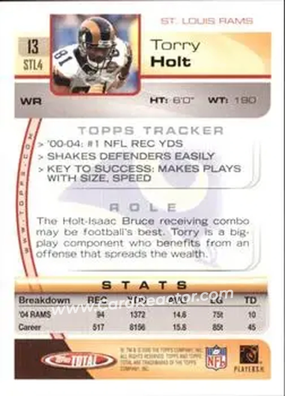 2005 Topps Total #13 - Torry Holt - St. Louis Rams - Back