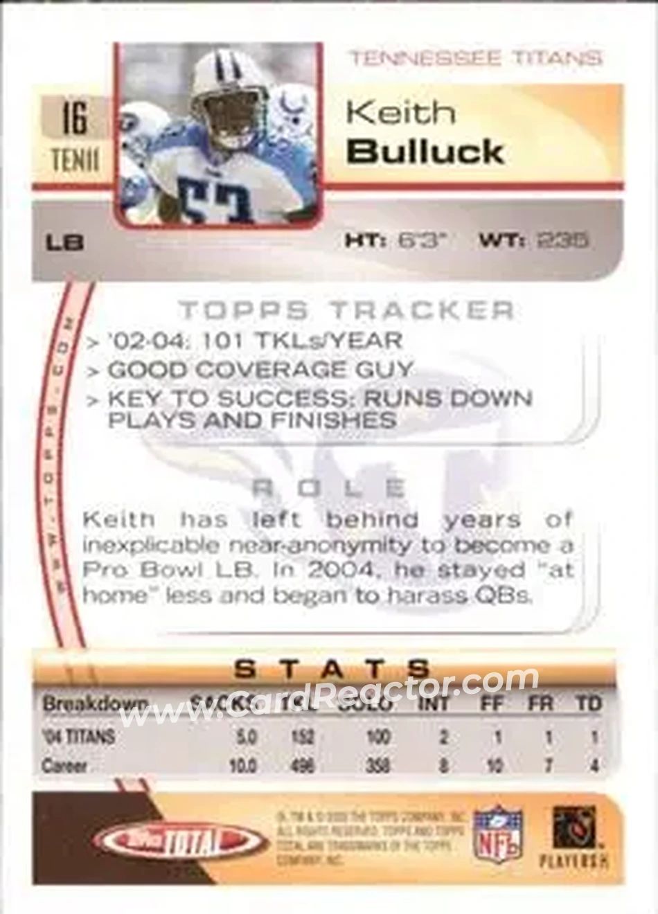 2005 Topps Total #16 - Keith Bulluck - Tennessee Titans - Back