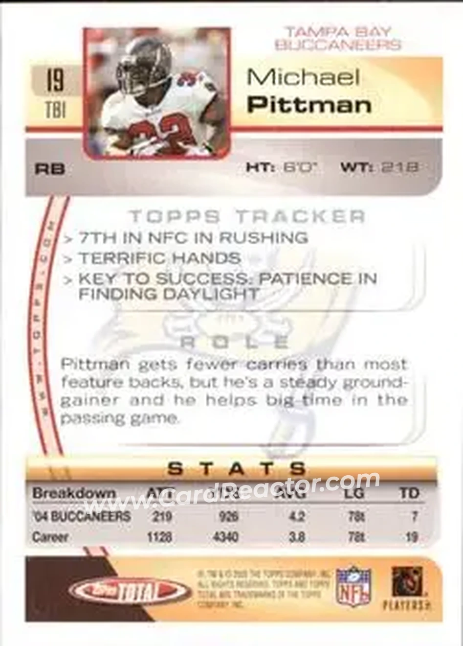 2005 Topps Total #19 - Michael Pittman - Tampa Bay Buccaneers - Back 2005 Topps Total #19 - Michael Pittman - Tampa Bay Buccaneers - Back