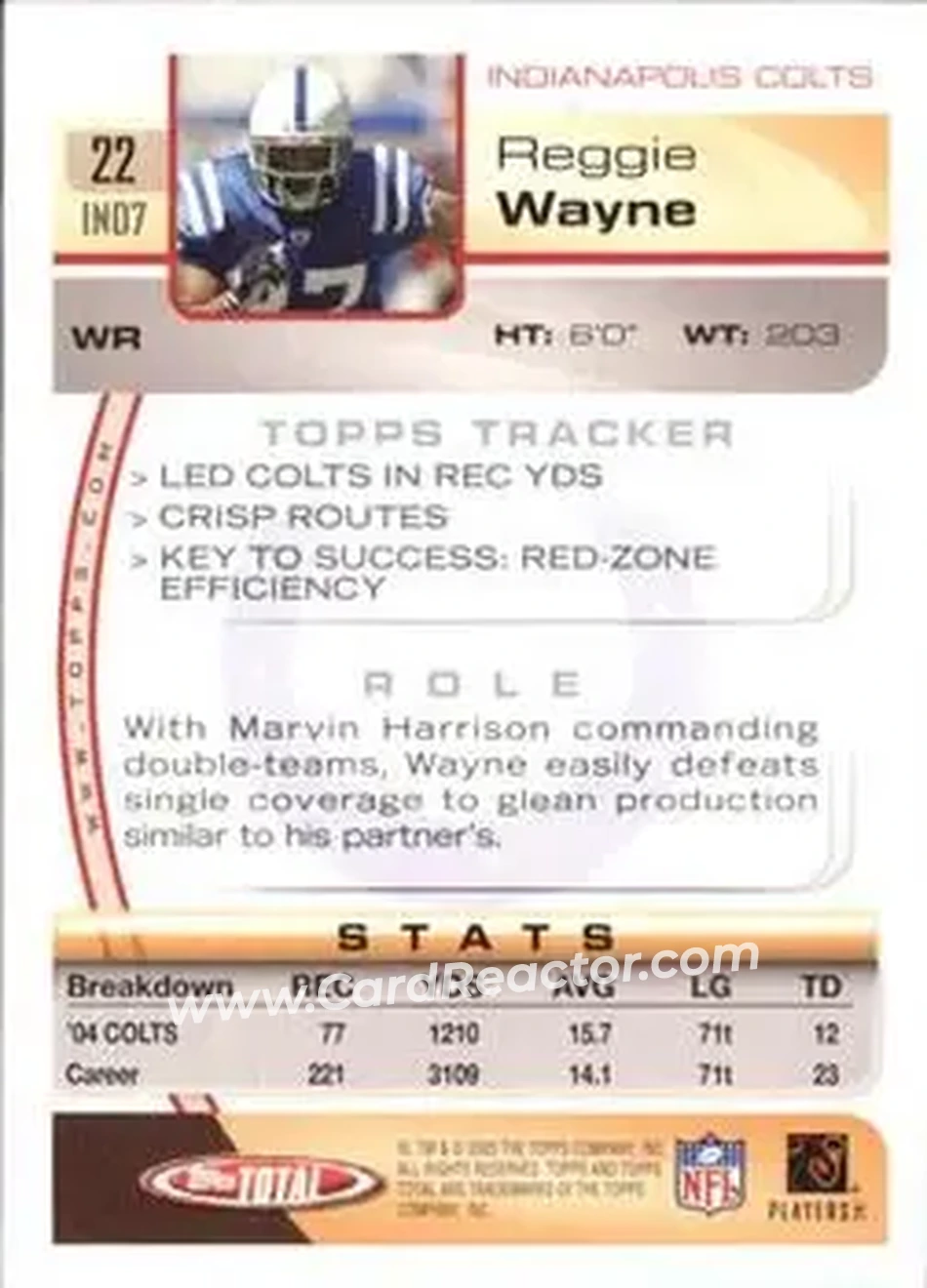 2005 Topps Total #22 - Reggie Wayne - Indianapolis Colts - Back 2005 Topps Total #22 - Reggie Wayne - Indianapolis Colts - Back