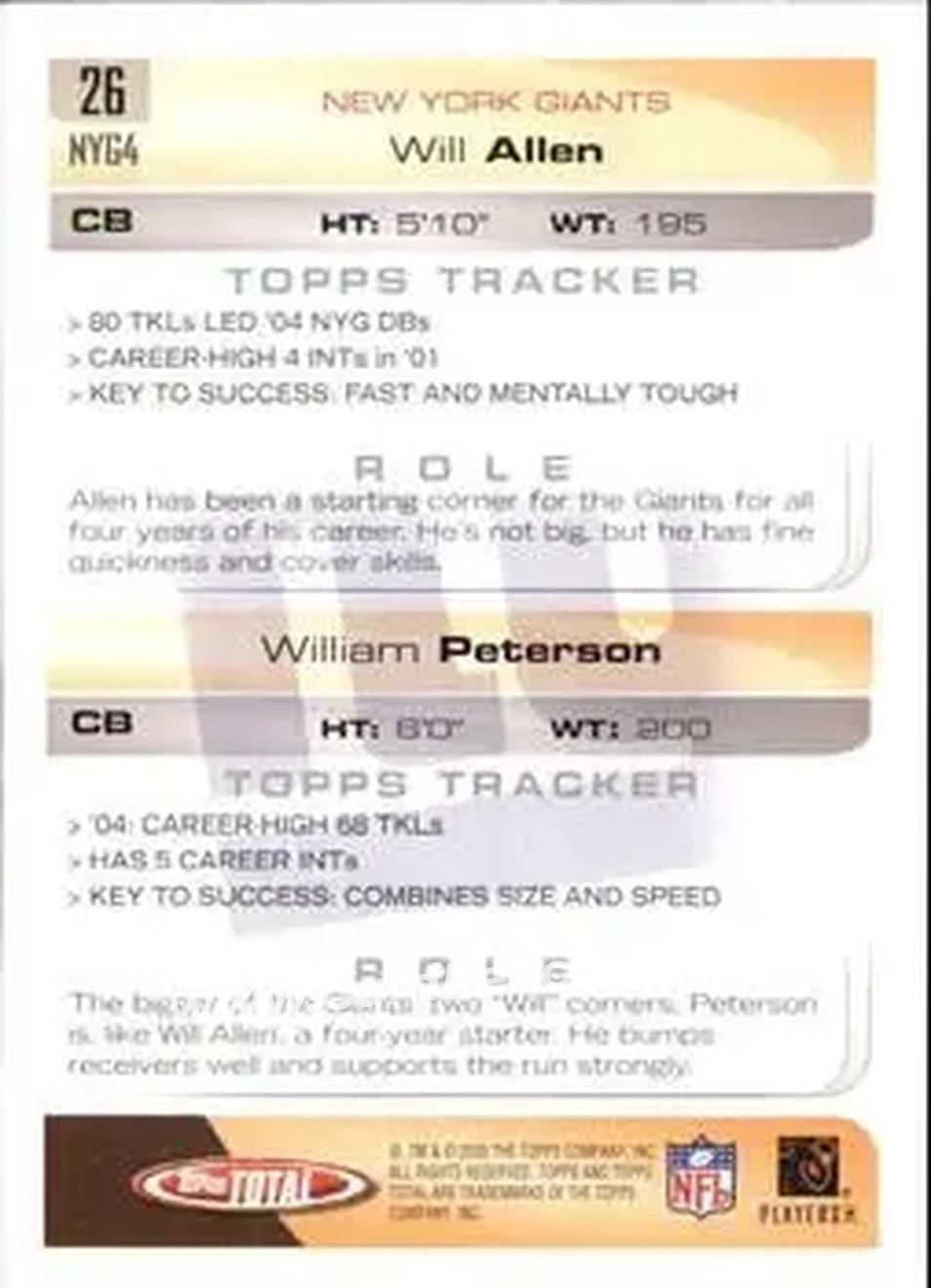 2005 Topps Total #26 - Will Peterson - Will Allen - New York Giants - New York Giants - Back
