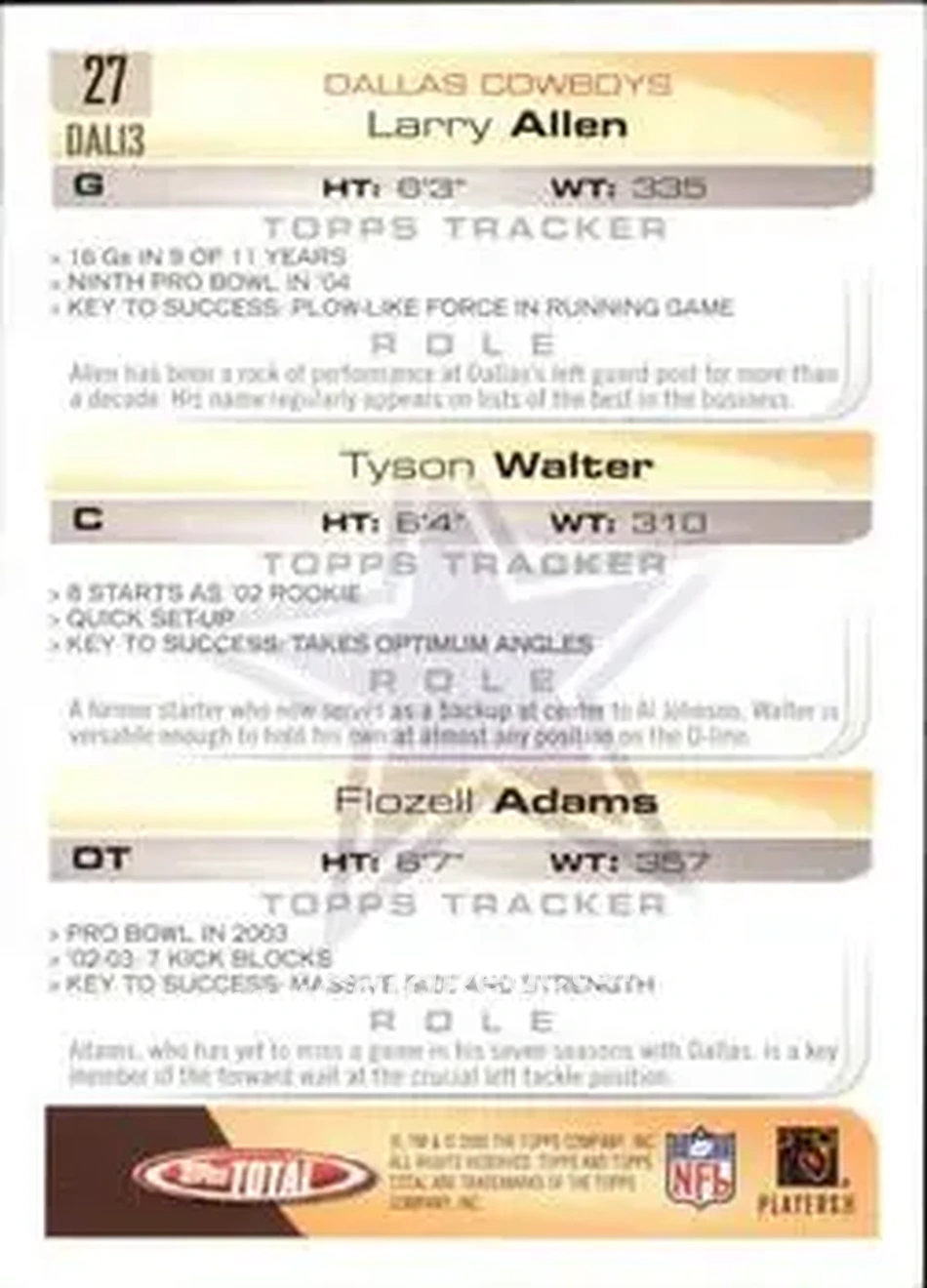 2005 Topps Total #27 - Tyson Walter - Flozell Adams - Larry Allen - Dallas Cowboys - Dallas Cowboys - Back