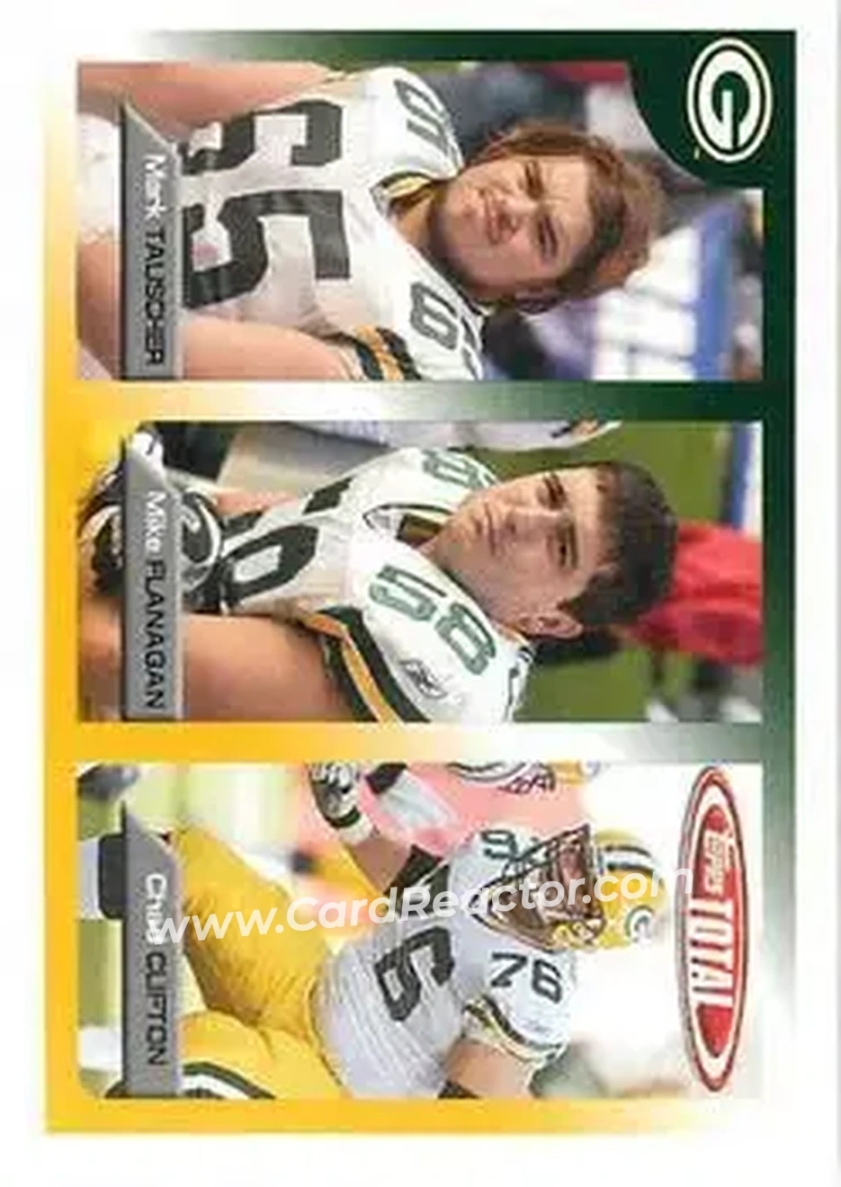 2005 Topps Total #28 - Mark Tauscher - Mike Flanagan - Chad Clifton RC - Green Bay Packers - Green Bay Packers - Front 2005 Topps Total #28 - Mark Tauscher - Mike Flanagan - Chad Clifton RC - Green Bay Packers - Green Bay Packers - Front