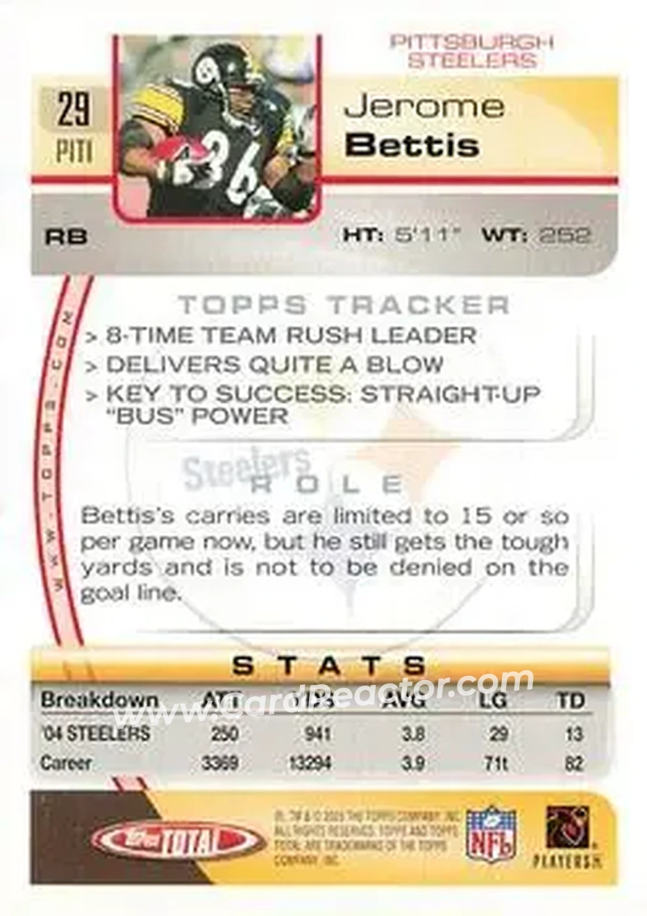 2005 Topps Total #29 - Jerome Bettis - Pittsburgh Steelers - Back 2005 Topps Total #29 - Jerome Bettis - Pittsburgh Steelers - Back