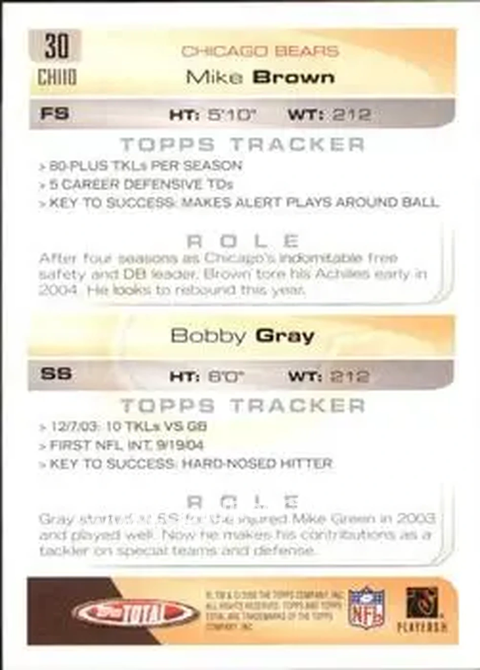 2005 Topps Total #30 - Mike Brown - Bobby Gray - Chicago Bears - Chicago Bears - Back 2005 Topps Total #30 - Mike Brown - Bobby Gray - Chicago Bears - Chicago Bears - Back