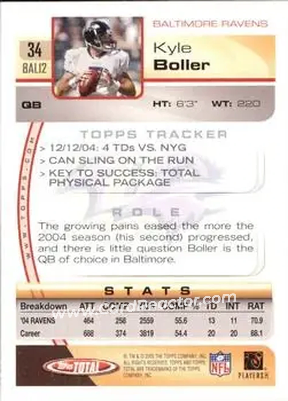 2005 Topps Total #34 - Kyle Boller - Baltimore Ravens - Back