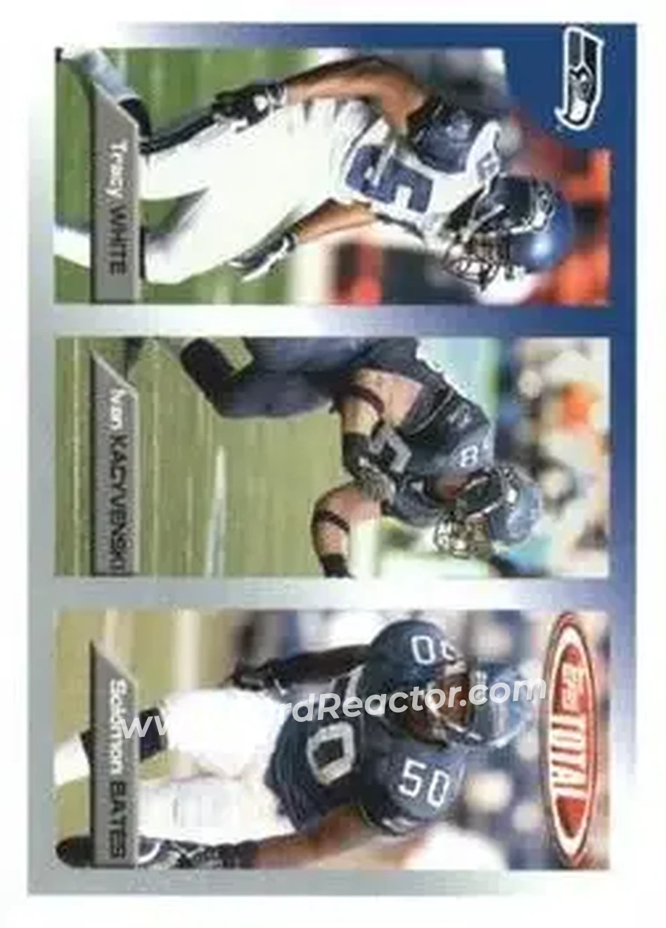 2005 Topps Total #35 - Isaiah Kacyvenski - Tracy White - Solomon Bates RC - Seattle Seahawks - Seattle Seahawks - Front 2005 Topps Total #35 - Isaiah Kacyvenski - Tracy White - Solomon Bates RC - Seattle Seahawks - Seattle Seahawks - Front