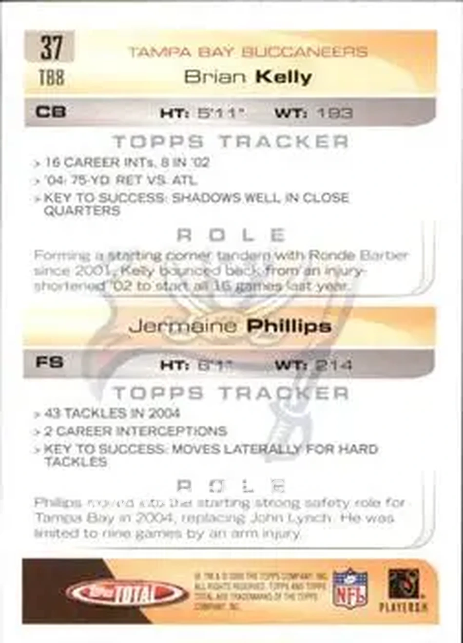 2005 Topps Total #37 - Jermaine Phillips - Brian Kelly - Tampa Bay Buccaneers - Tampa Bay Buccaneers - Back 2005 Topps Total #37 - Jermaine Phillips - Brian Kelly - Tampa Bay Buccaneers - Tampa Bay Buccaneers - Back