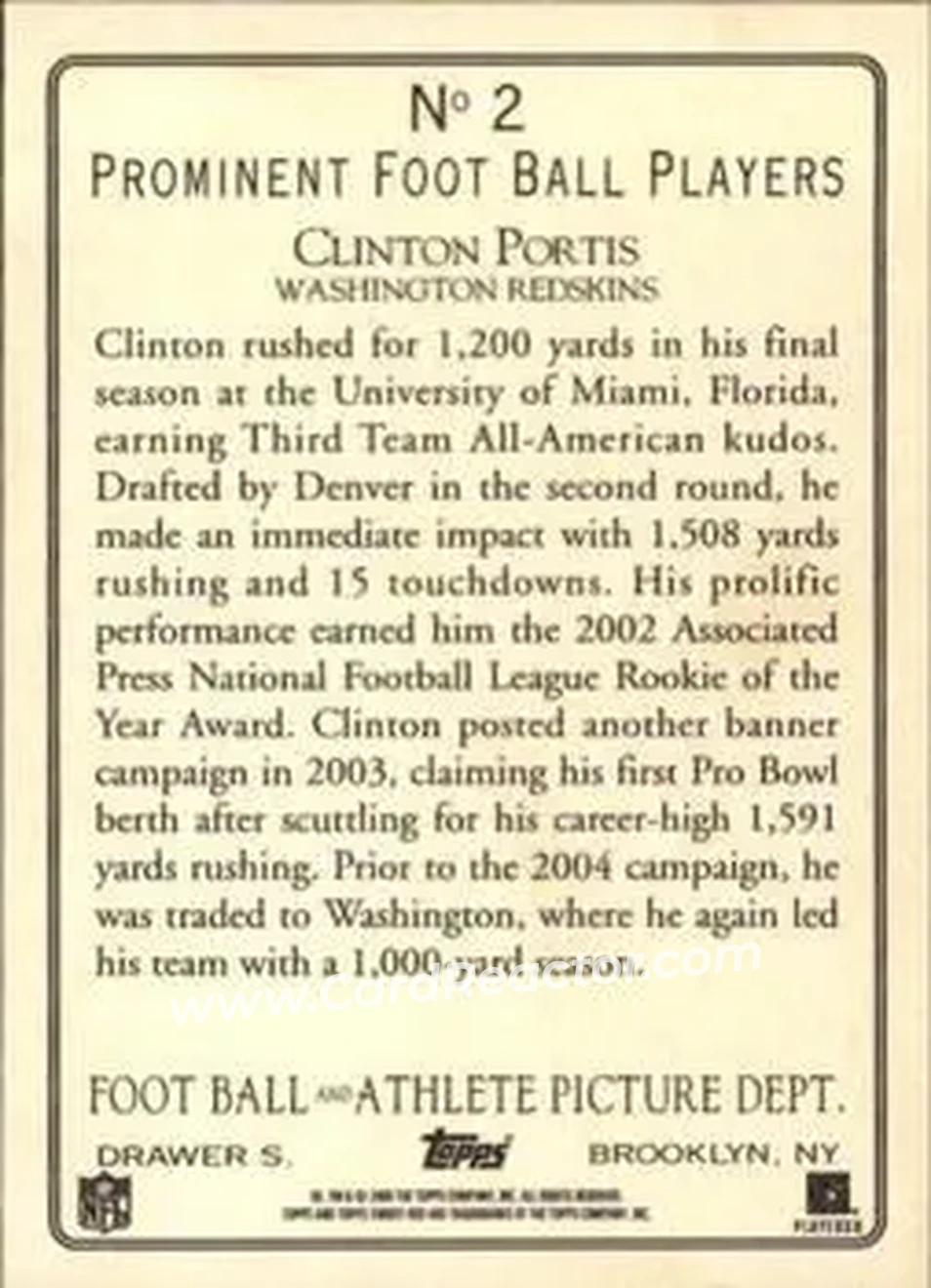 2005 Topps Turkey Red #2 - Clinton Portis - Washington Redskins - Back