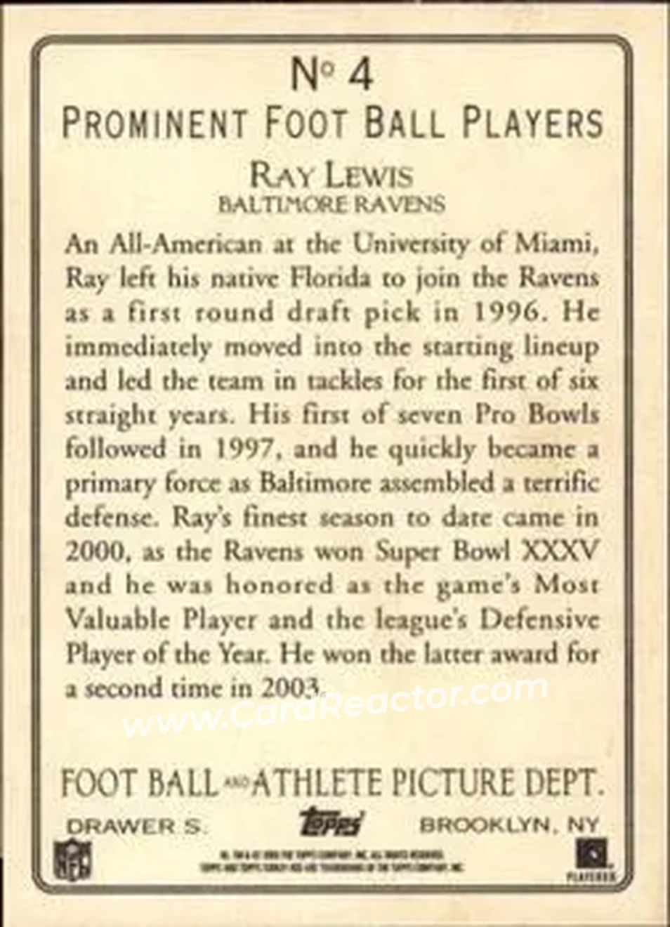 2005 Topps Turkey Red #4a - Ray Lewis - Baltimore Ravens - Back