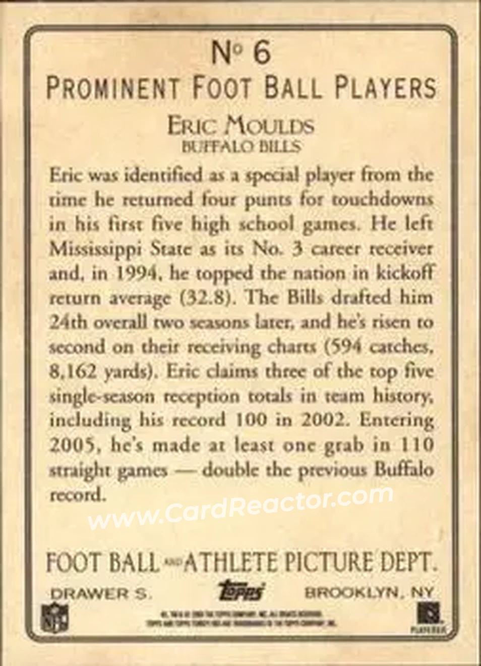 2005 Topps Turkey Red #6 - Eric Moulds - Buffalo Bills - Back