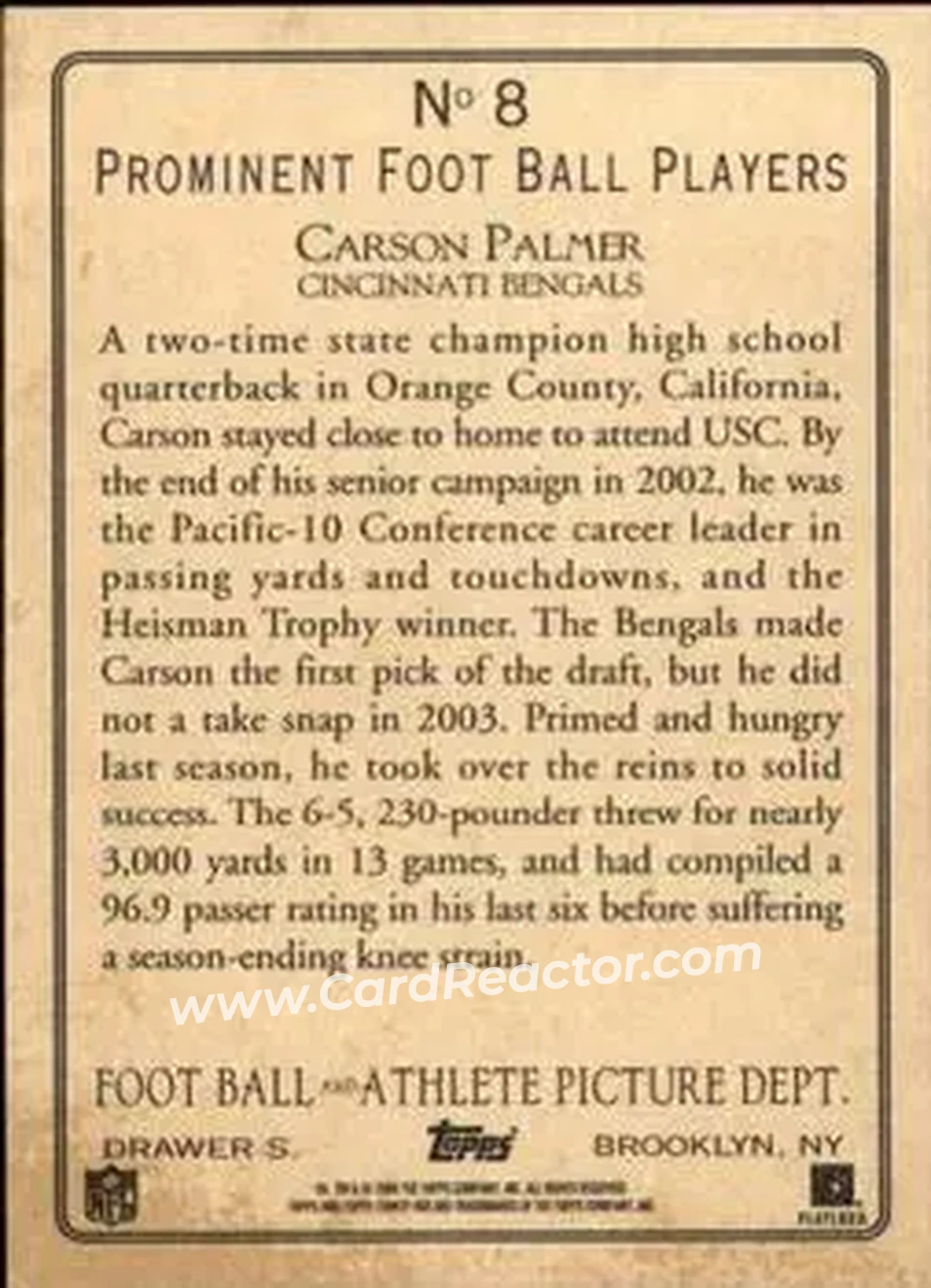 2005 Topps Turkey Red #8 - Carson Palmer - Cincinnati Bengals - Back