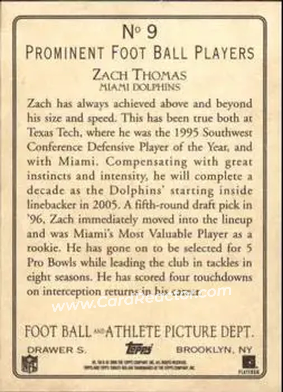 2005 Topps Turkey Red #9 - Zach Thomas - Miami Dolphins - Back 2005 Topps Turkey Red #9 - Zach Thomas - Miami Dolphins - Back