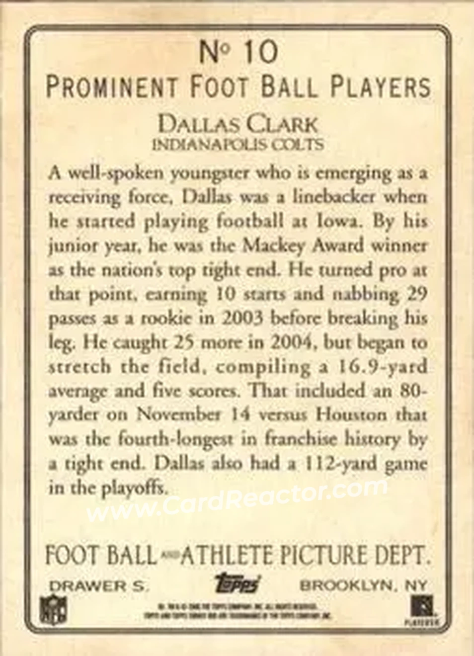 2005 Topps Turkey Red #10 - Dallas Clark - Indianapolis Colts - Back