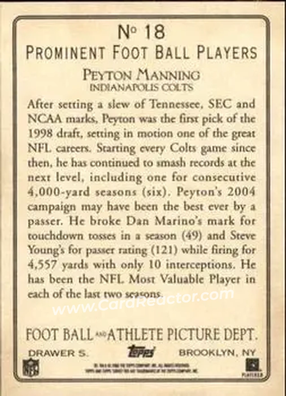 2005 Topps Turkey Red #18a - Peyton Manning - Indianapolis Colts - Back