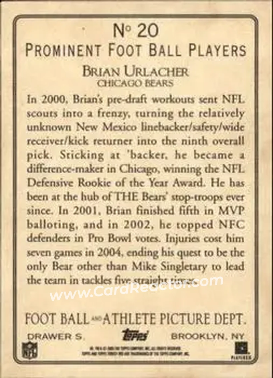 2005 Topps Turkey Red #20 - Brian Urlacher - Chicago Bears - Back