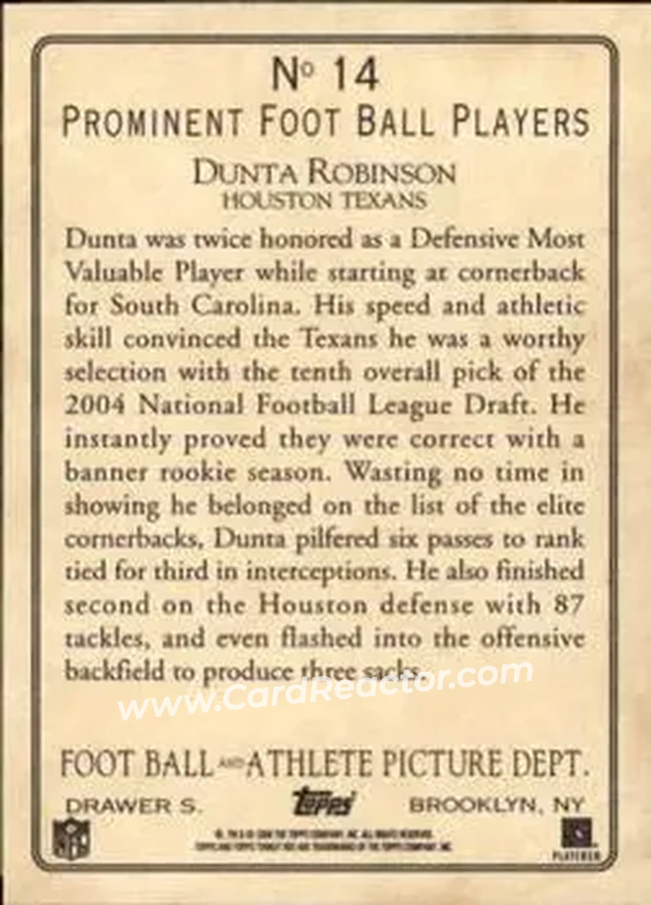 2005 Topps Turkey Red #14 - Dunta Robinson - Houston Texans - Back 2005 Topps Turkey Red #14 - Dunta Robinson - Houston Texans - Back