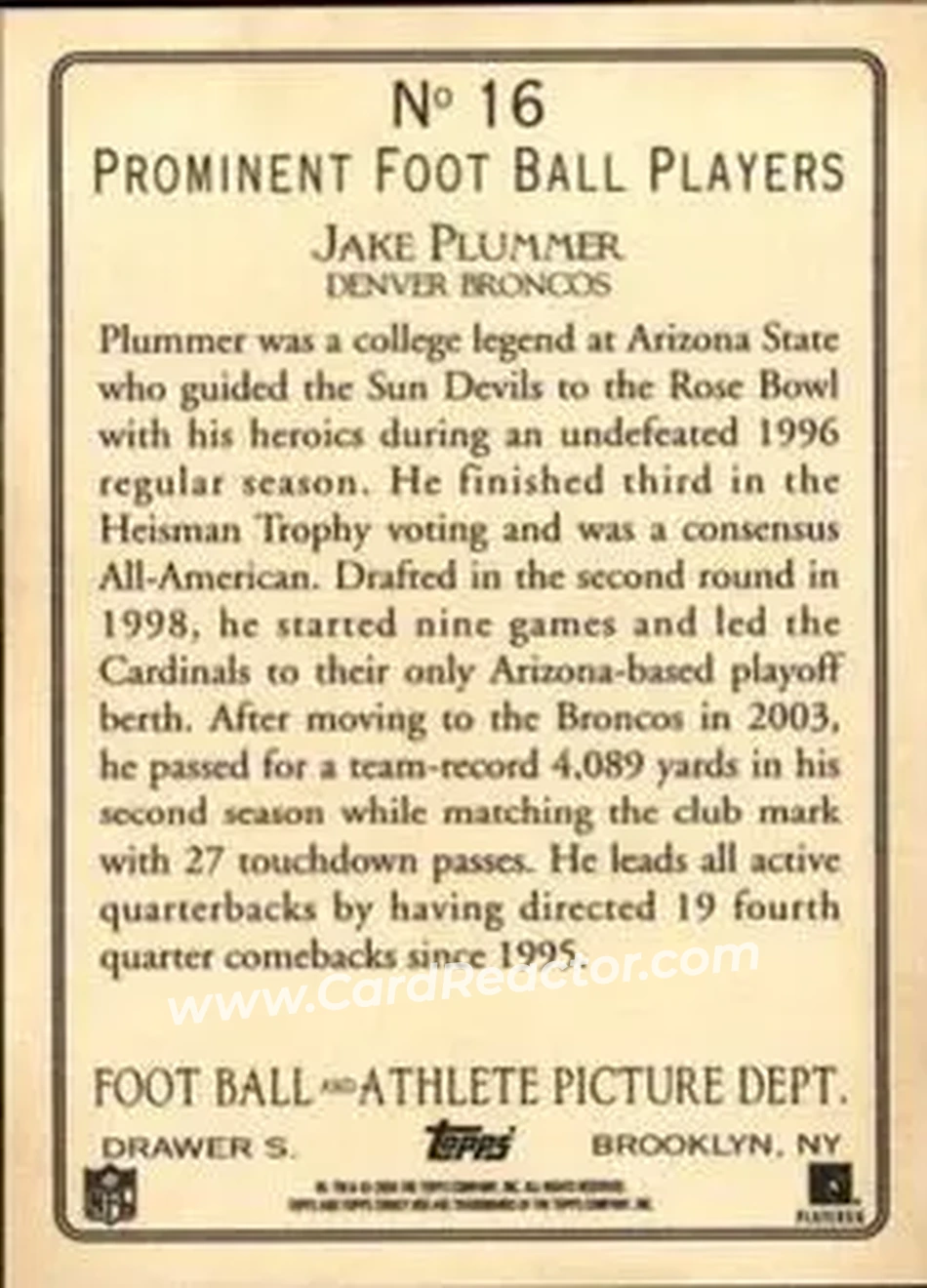 2005 Topps Turkey Red #16 - Jake Plummer - Denver Broncos - Back 2005 Topps Turkey Red #16 - Jake Plummer - Denver Broncos - Back