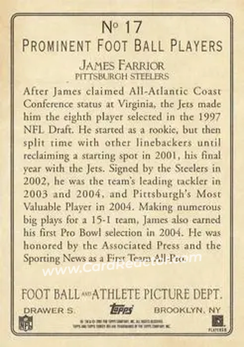 2005 Topps Turkey Red #17 - James Farrior - Pittsburgh Steelers - Back