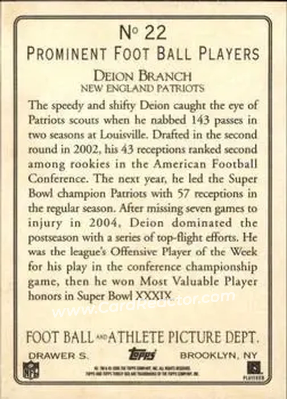 2005 Topps Turkey Red #22 - Deion Branch - New England Patriots - Back