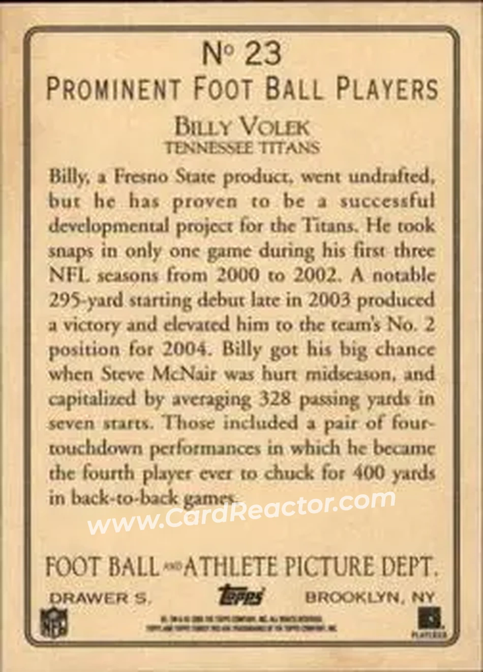 2005 Topps Turkey Red #23 - Billy Volek - Tennessee Titans - Back
