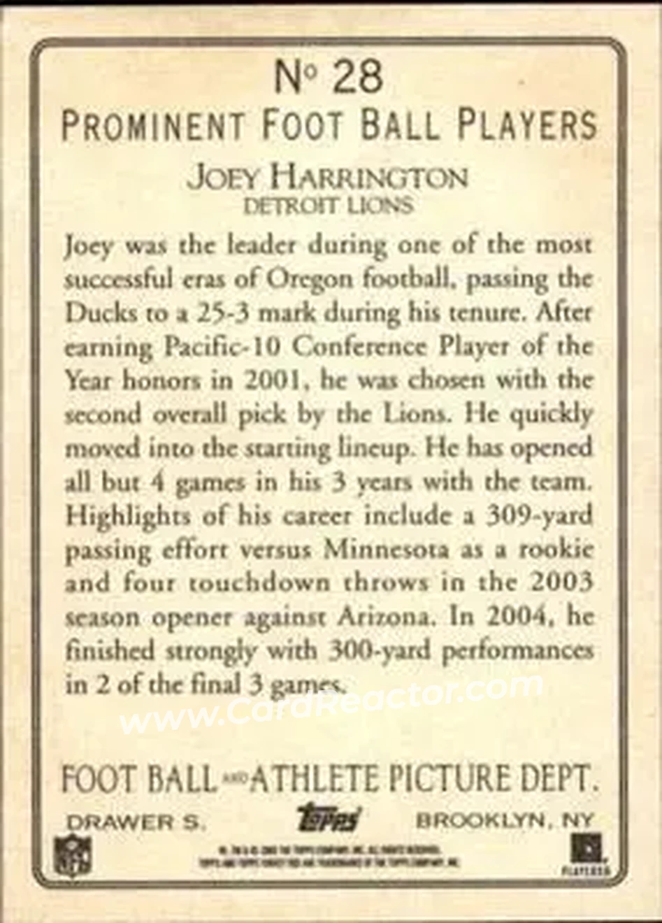 2005 Topps Turkey Red #28 - Joey Harrington - Detroit Lions - Back 2005 Topps Turkey Red #28 - Joey Harrington - Detroit Lions - Back