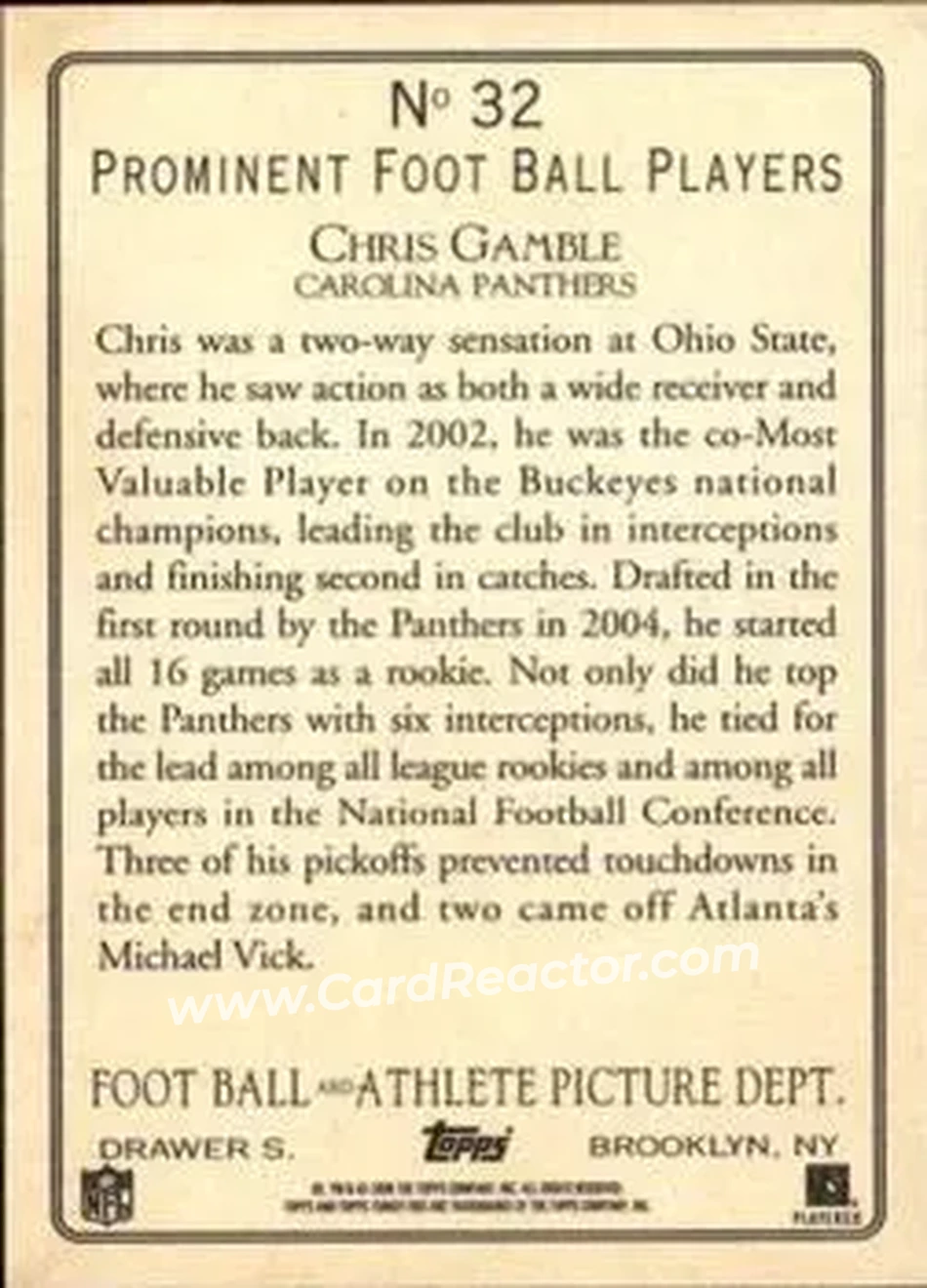 2005 Topps Turkey Red #32 - Chris Gamble - Carolina Panthers - Back