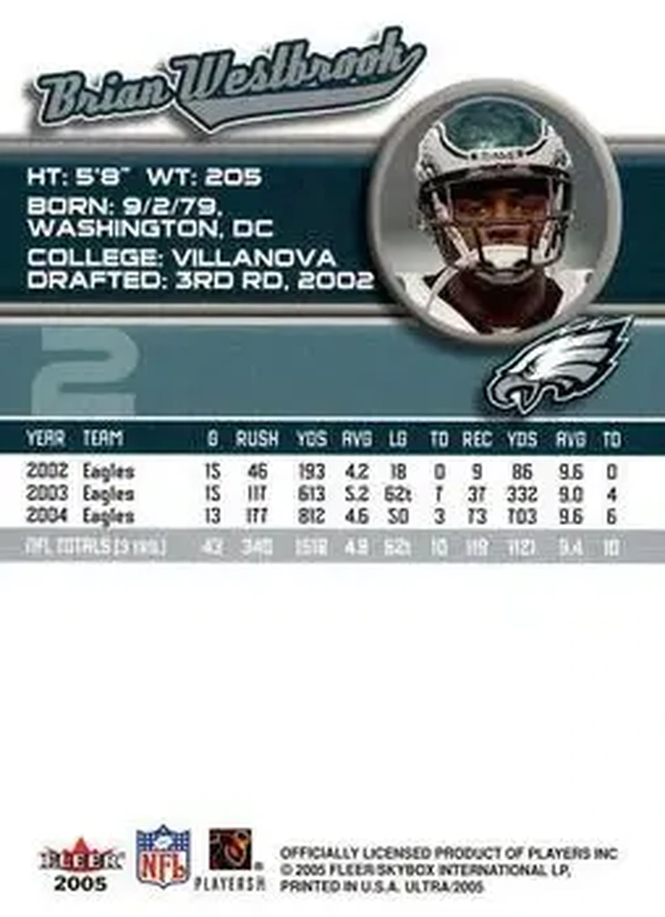 2005 Ultra #2 - Brian Westbrook - Philadelphia Eagles - Back
