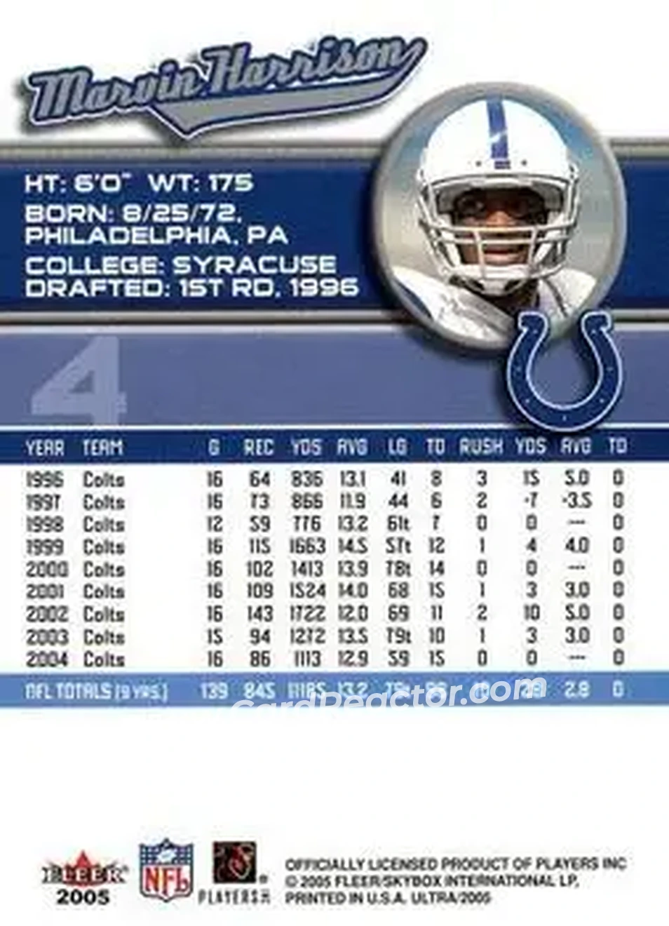 2005 Ultra #4 - Marvin Harrison - Indianapolis Colts - Back 2005 Ultra #4 - Marvin Harrison - Indianapolis Colts - Back