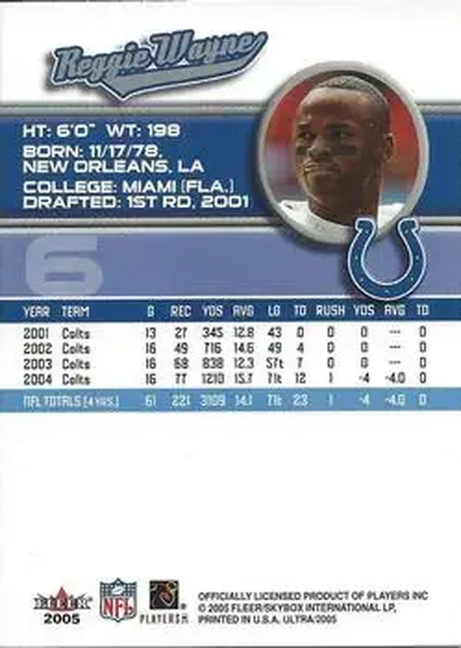 2005 Ultra #6 - Reggie Wayne - Indianapolis Colts - Back 2005 Ultra #6 - Reggie Wayne - Indianapolis Colts - Back