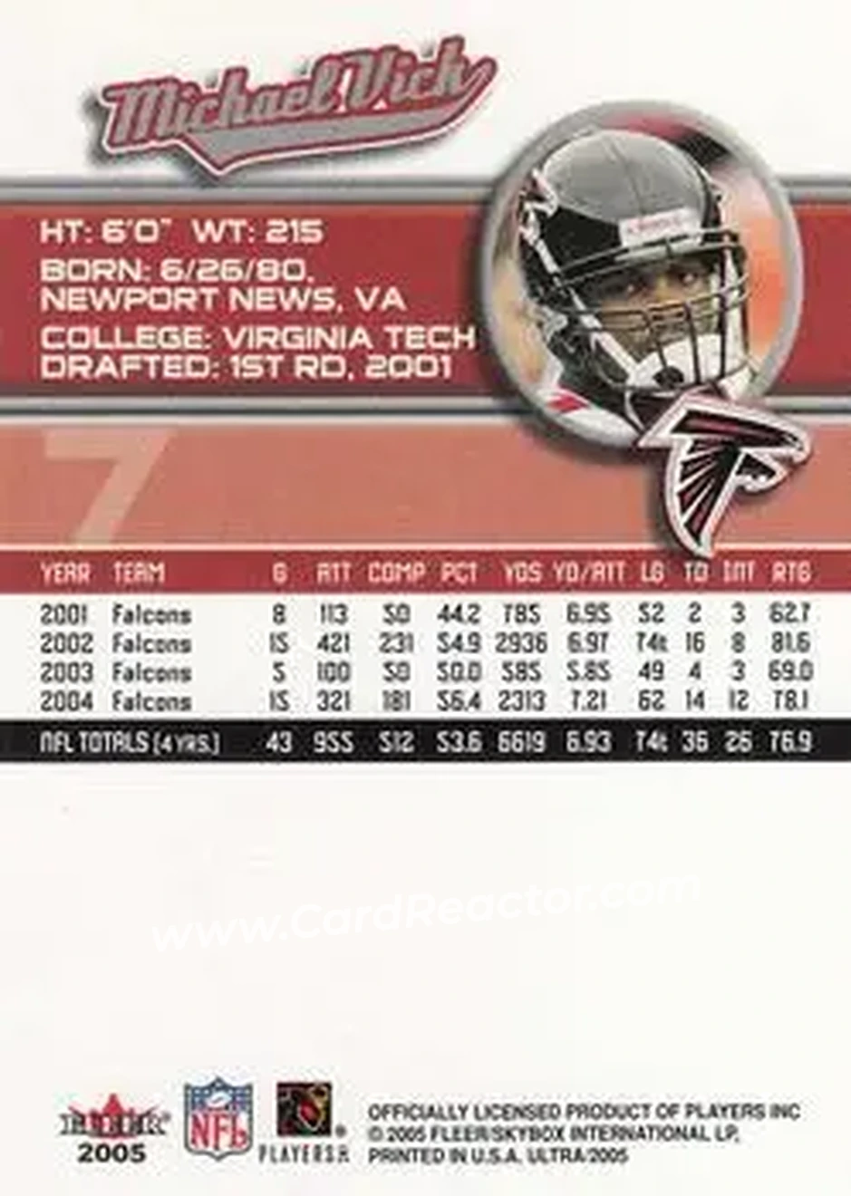 2005 Ultra #7 - Michael Vick - Atlanta Falcons - Back