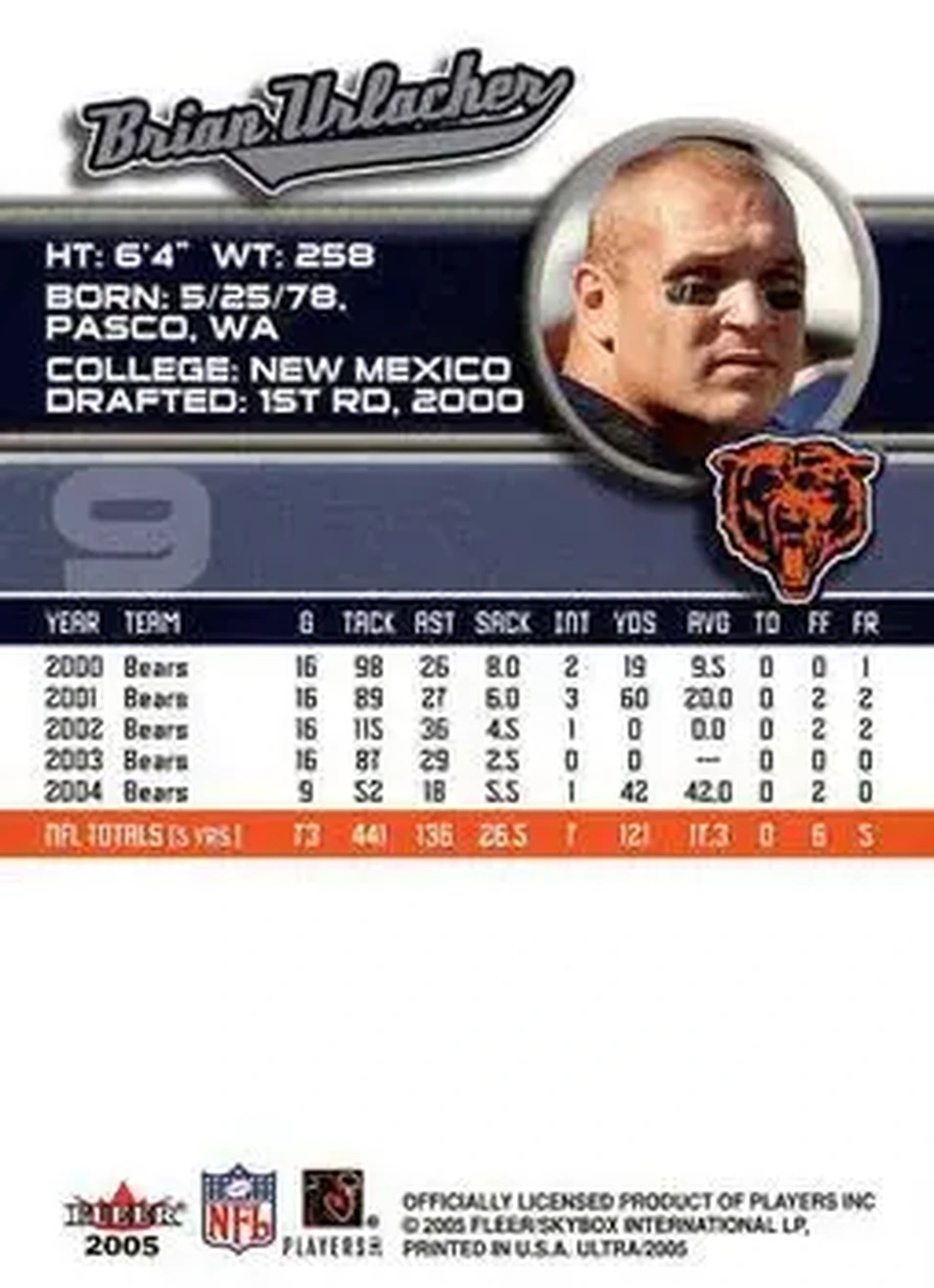 2005 Ultra #9 - Brian Urlacher - Chicago Bears - Back 2005 Ultra #9 - Brian Urlacher - Chicago Bears - Back