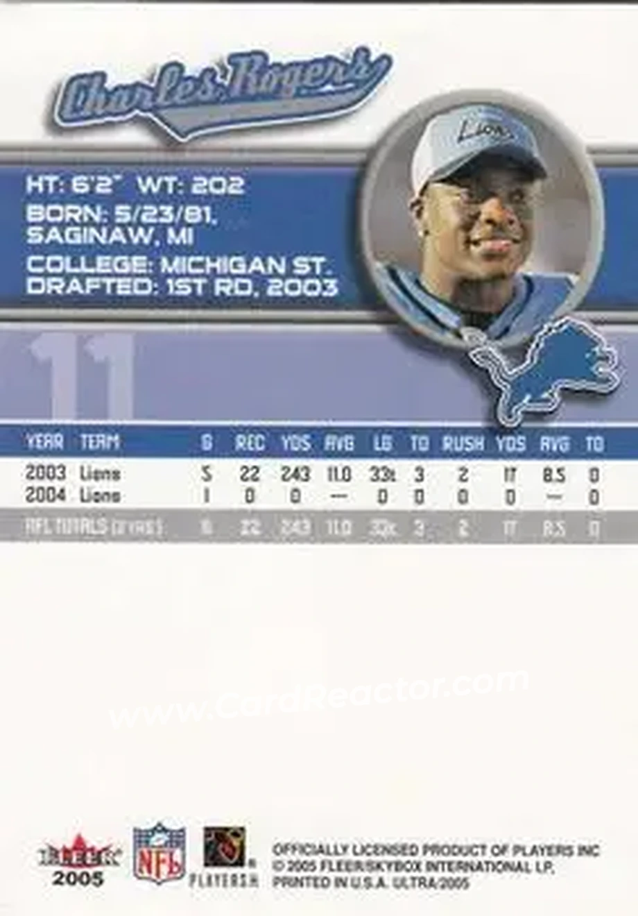 2005 Ultra #11 - Charles Rogers - Detroit Lions - Back 2005 Ultra #11 - Charles Rogers - Detroit Lions - Back