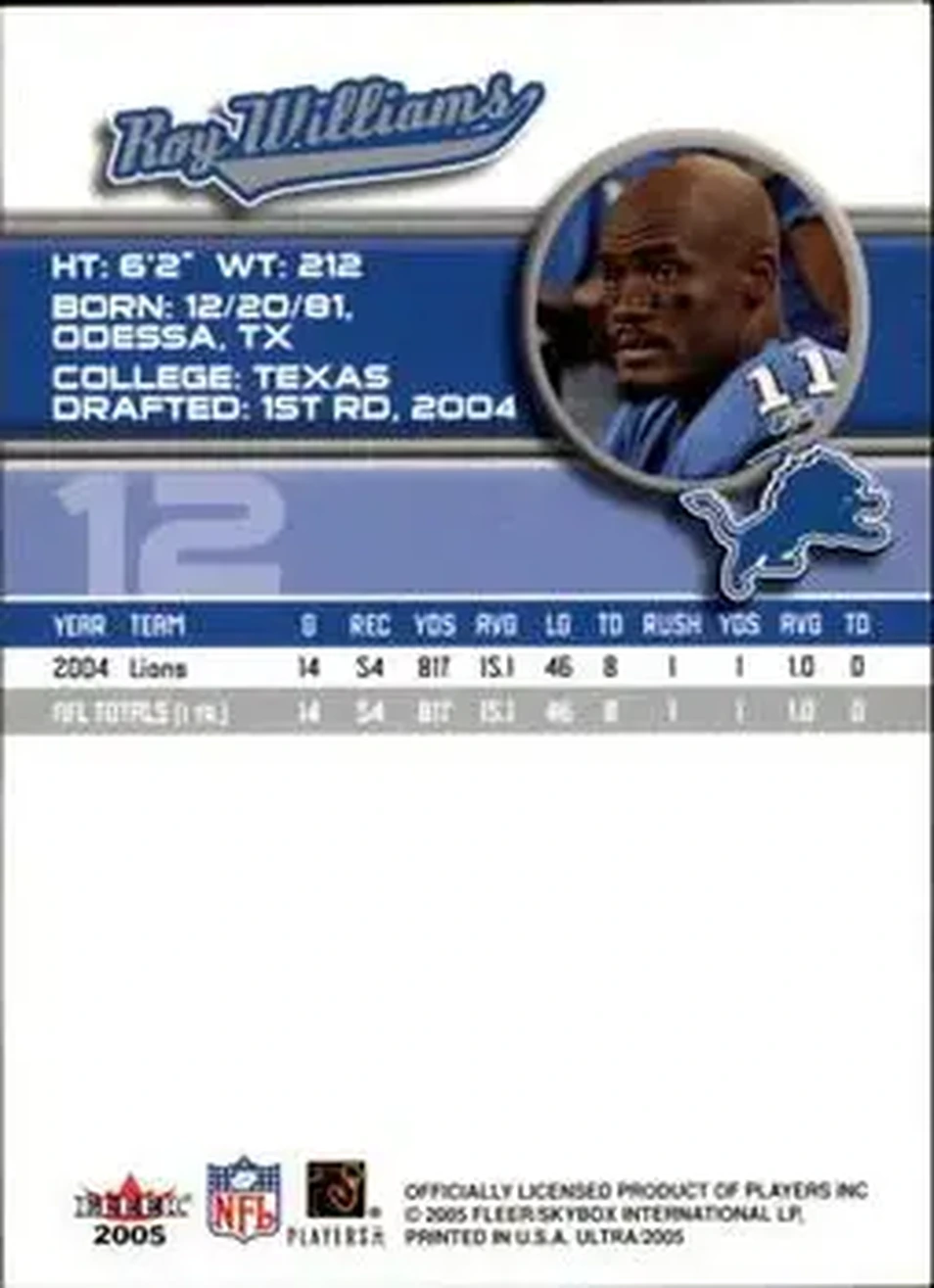 2005 Ultra #12 - Roy Williams - Detroit Lions - Back 2005 Ultra #12 - Roy Williams - Detroit Lions - Back
