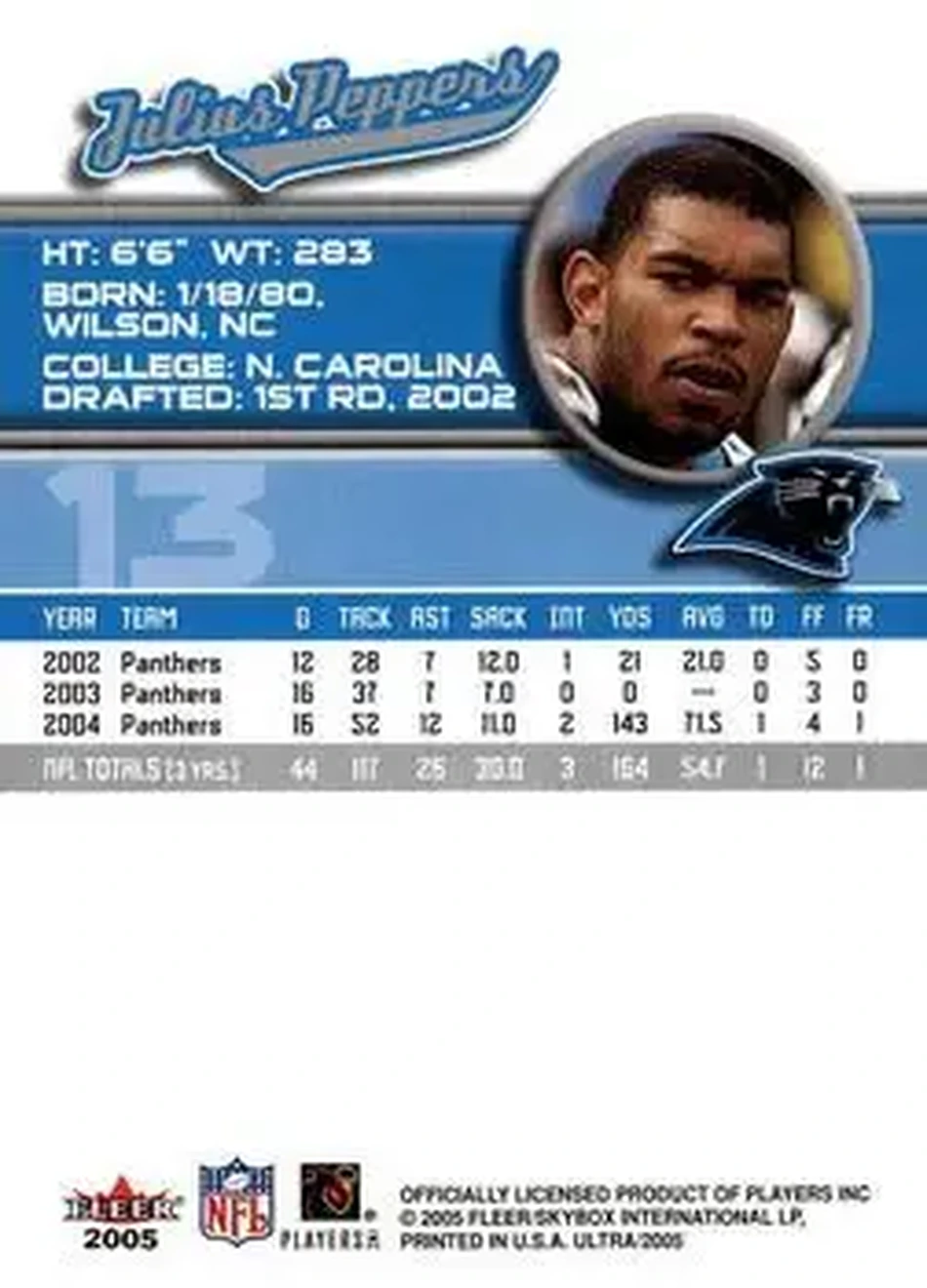 2005 Ultra #13 - Julius Peppers - Carolina Panthers - Back