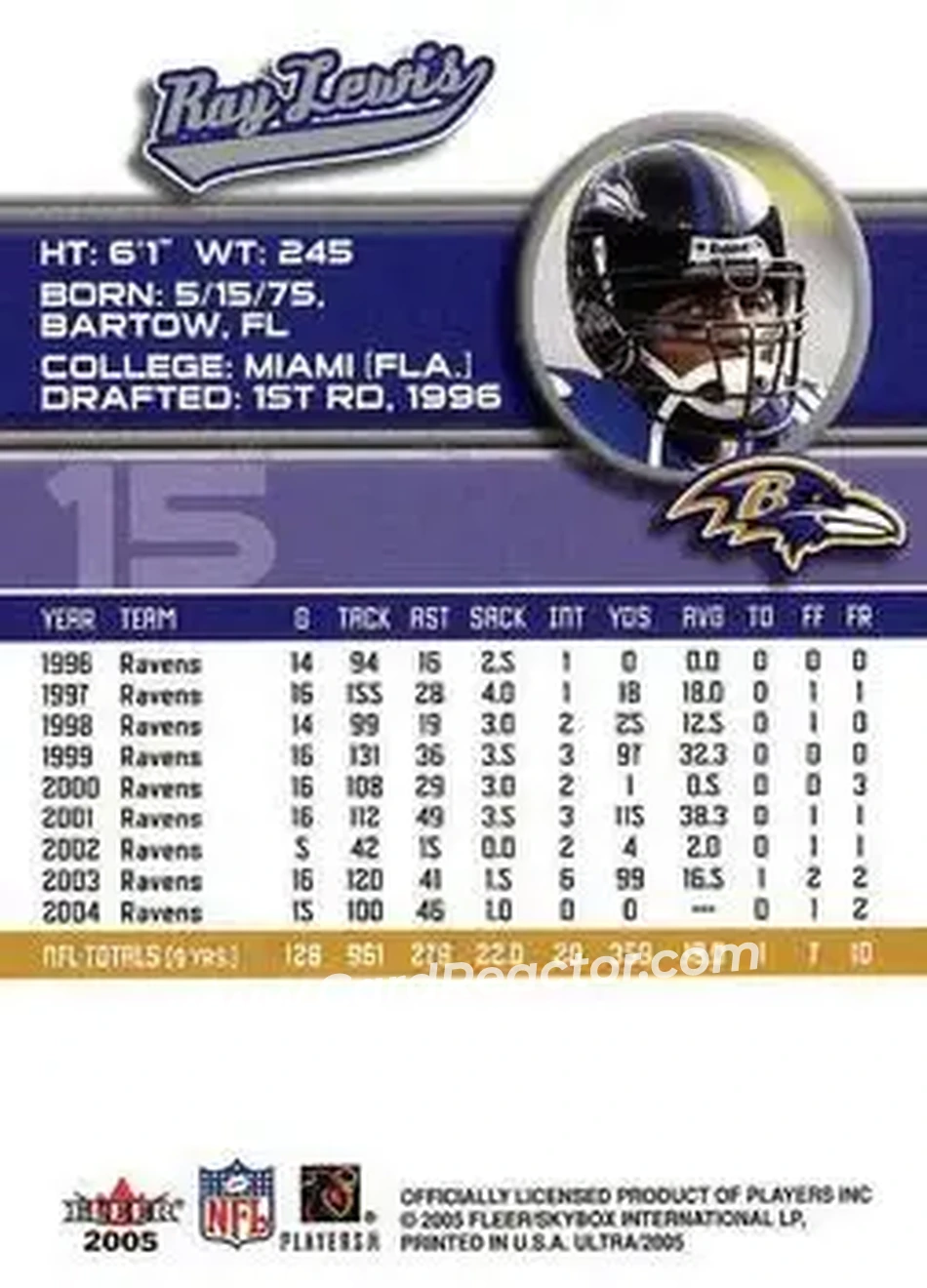 2005 Ultra #15 - Ray Lewis - Baltimore Ravens - Back 2005 Ultra #15 - Ray Lewis - Baltimore Ravens - Back