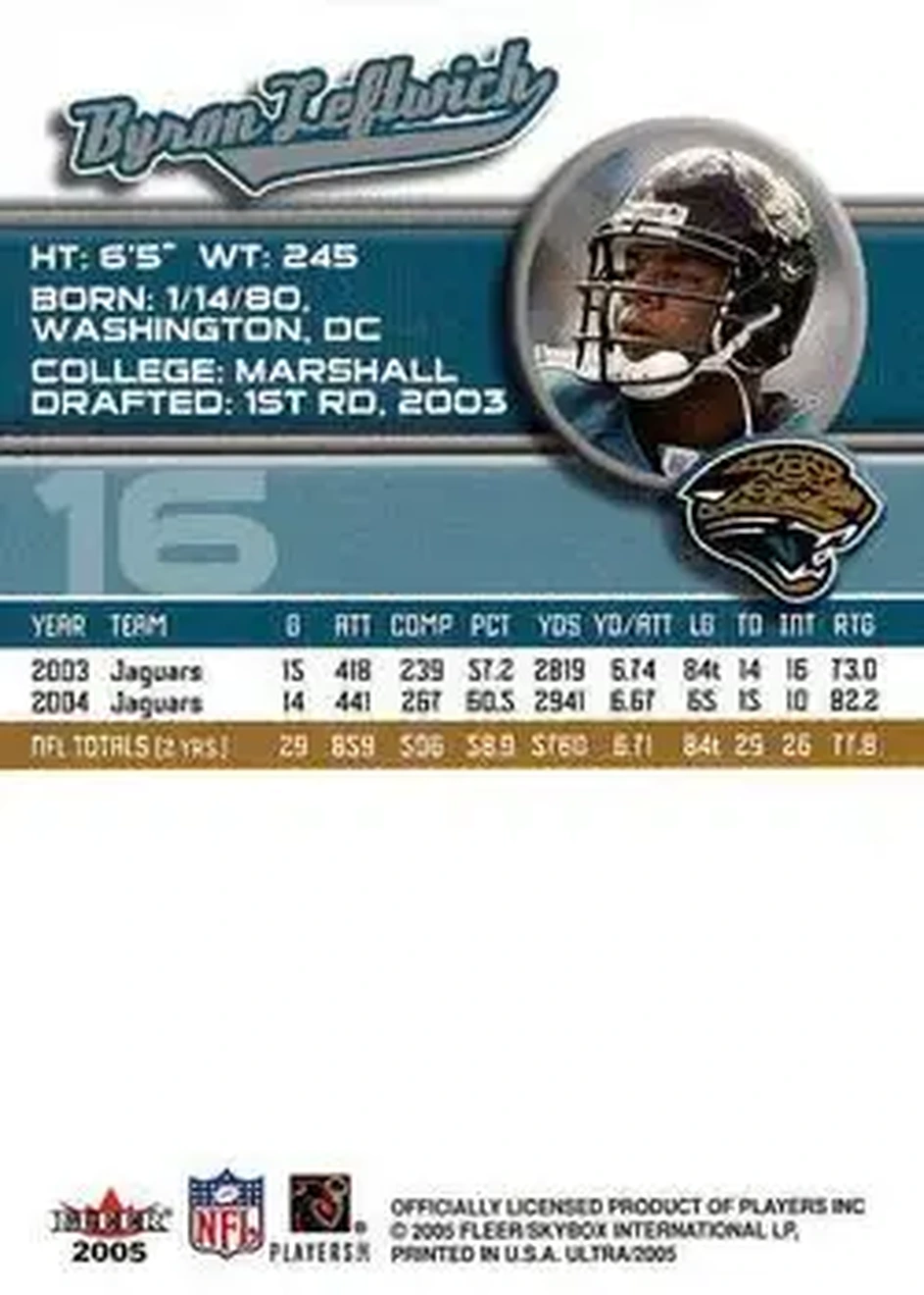 2005 Ultra #16 - Byron Leftwich - Jacksonville Jaguars - Back