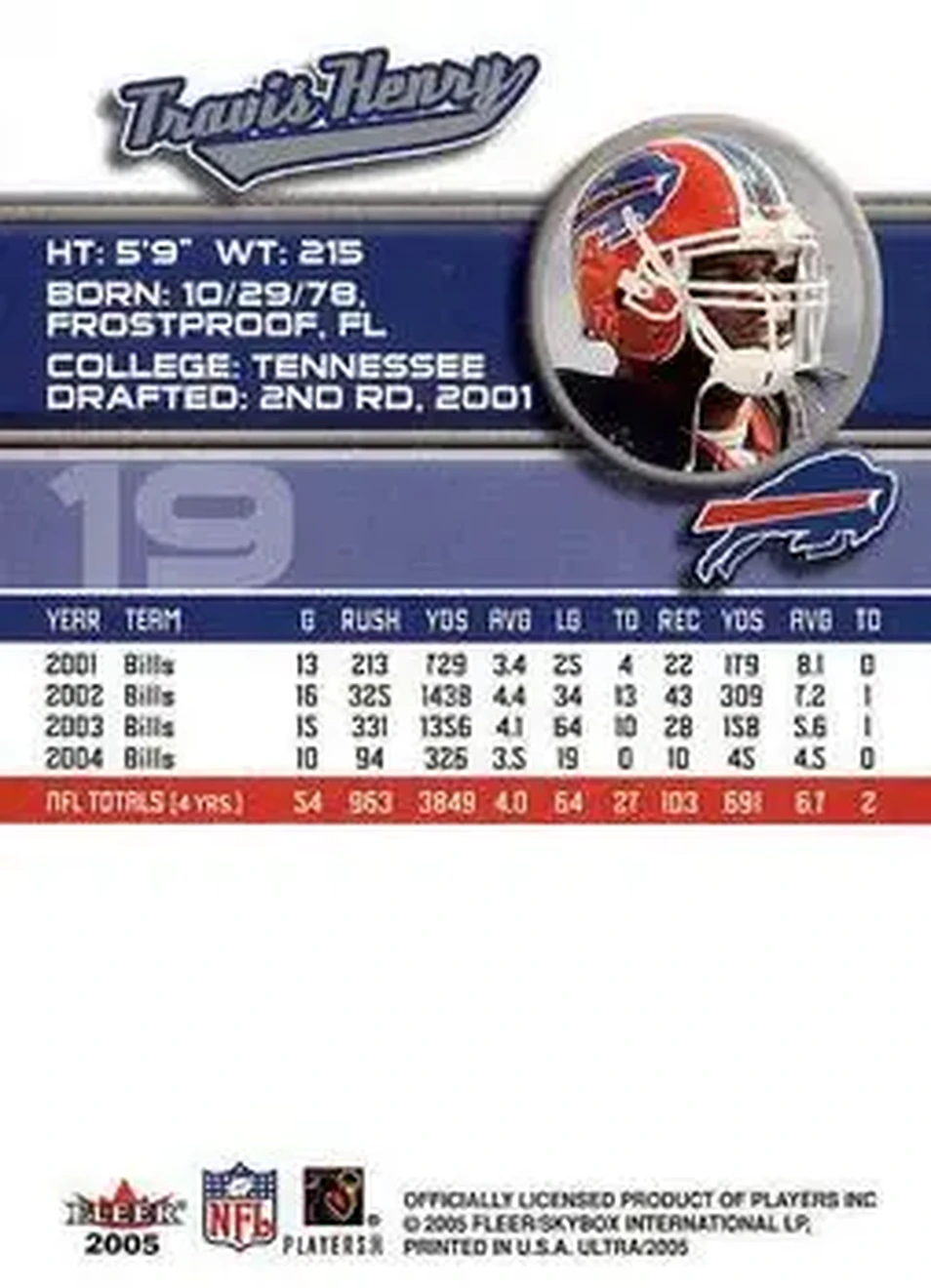 2005 Ultra #19 - Travis Henry - Buffalo Bills - Back 2005 Ultra #19 - Travis Henry - Buffalo Bills - Back