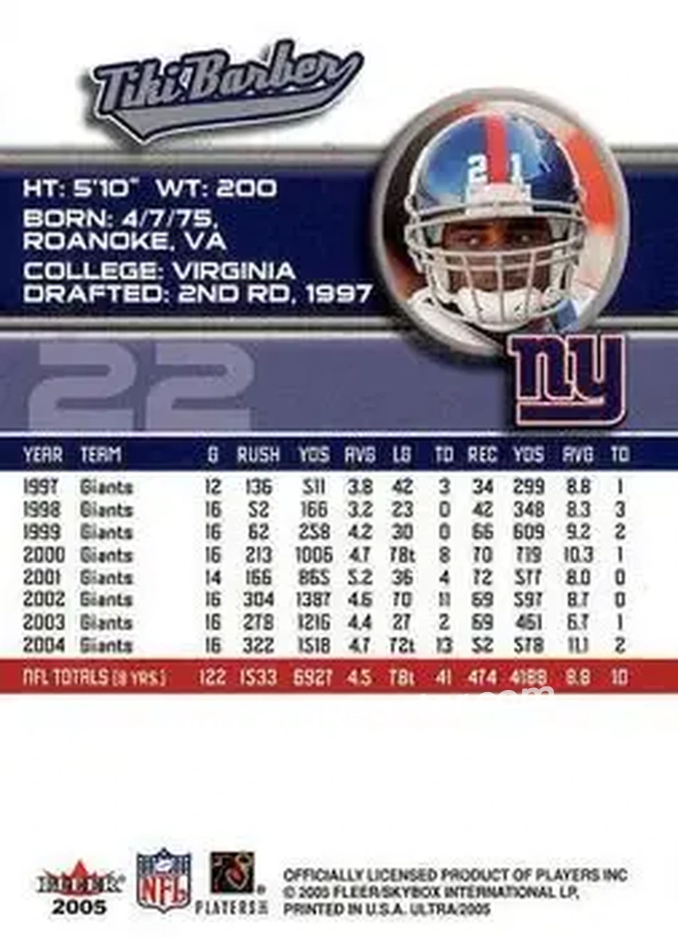 2005 Ultra #22 - Tiki Barber - New York Giants - Back 2005 Ultra #22 - Tiki Barber - New York Giants - Back