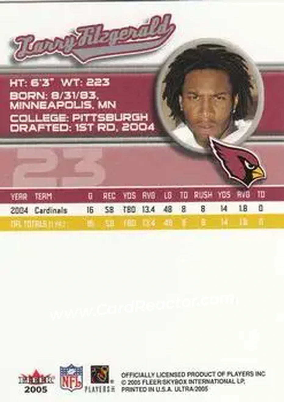 2005 Ultra #23 - Larry Fitzgerald - Arizona Cardinals - Back