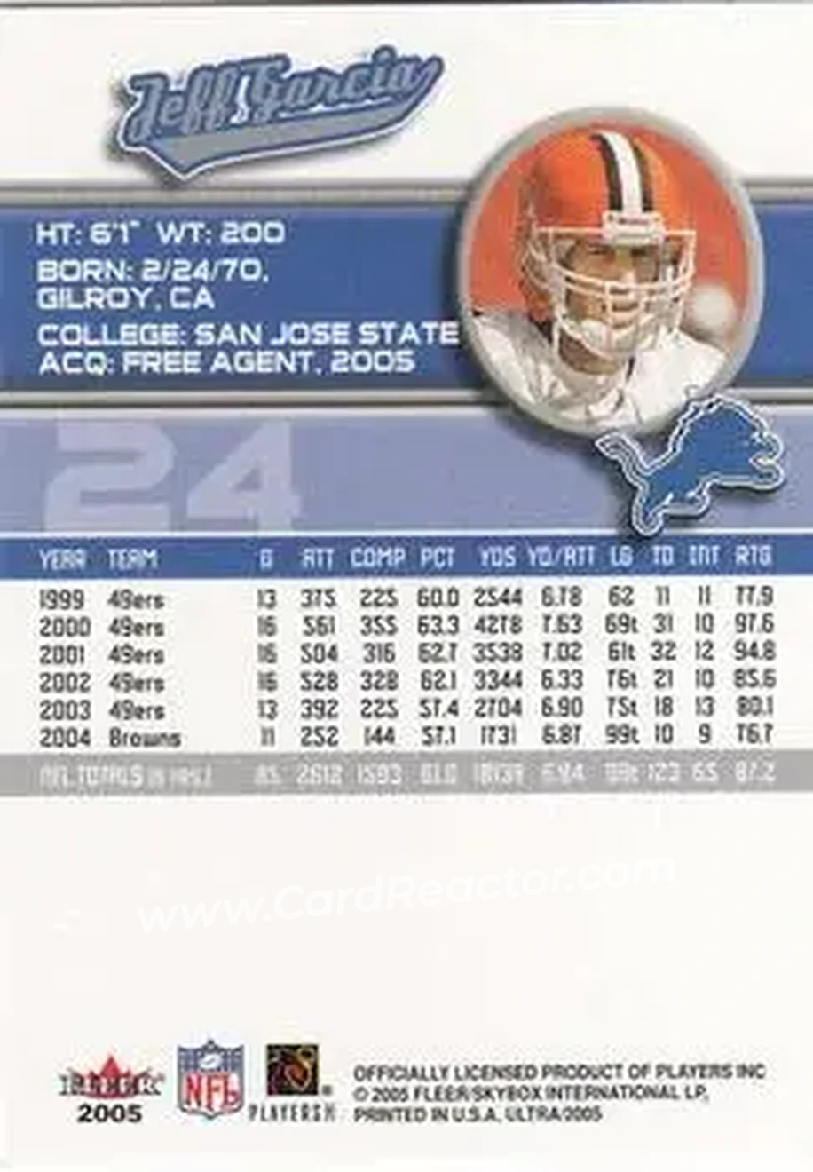 2005 Ultra #24 - Jeff Garcia - Detroit Lions - Back 2005 Ultra #24 - Jeff Garcia - Detroit Lions - Back