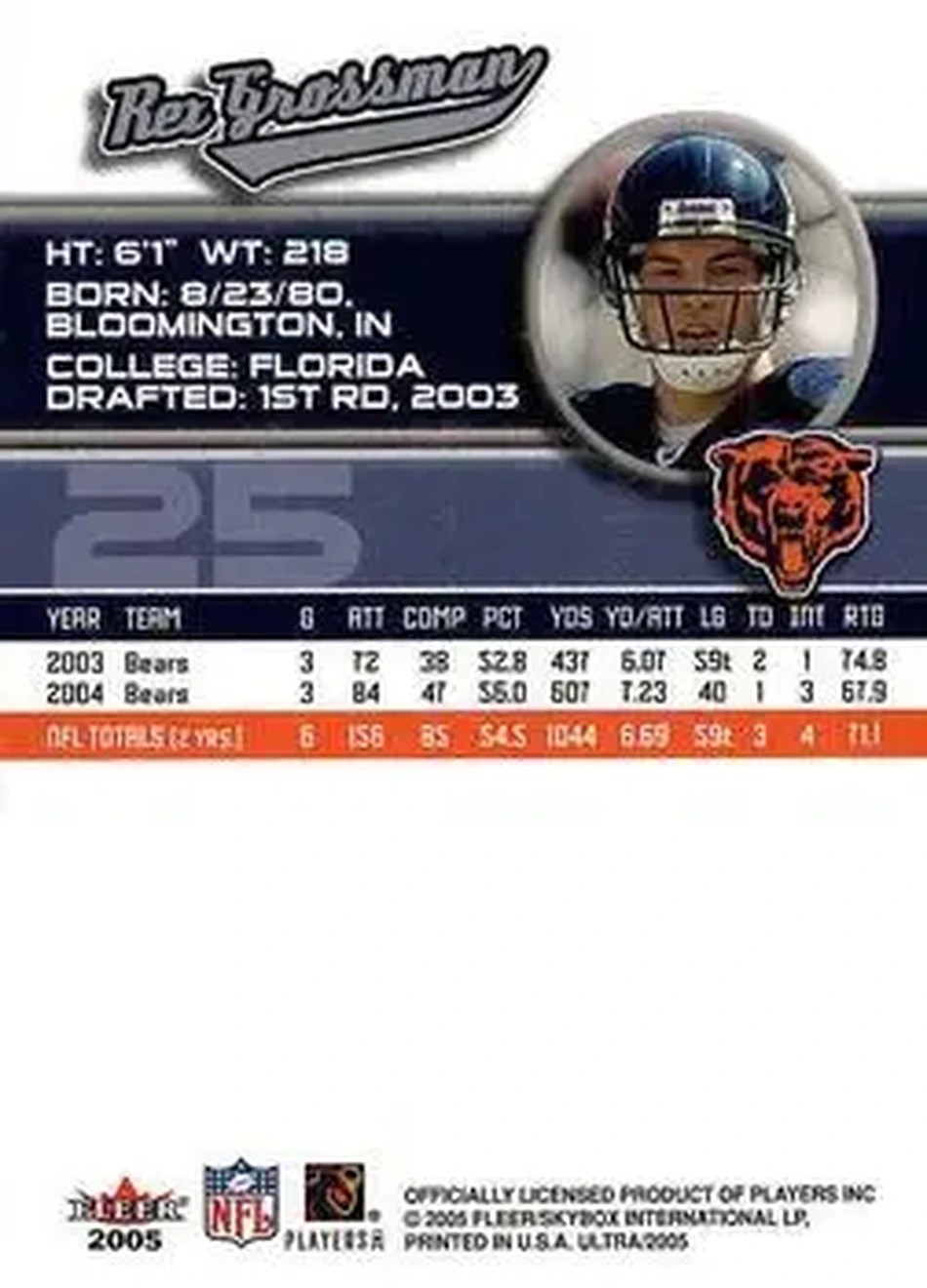 2005 Ultra #25 - Rex Grossman - Chicago Bears - Back