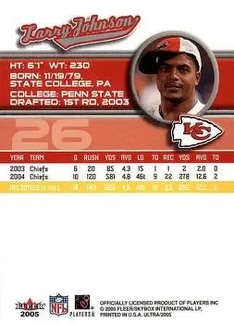 2005 Ultra #26 - Larry Johnson - Kansas City Chiefs - Back 2005 Ultra #26 - Larry Johnson - Kansas City Chiefs - Back