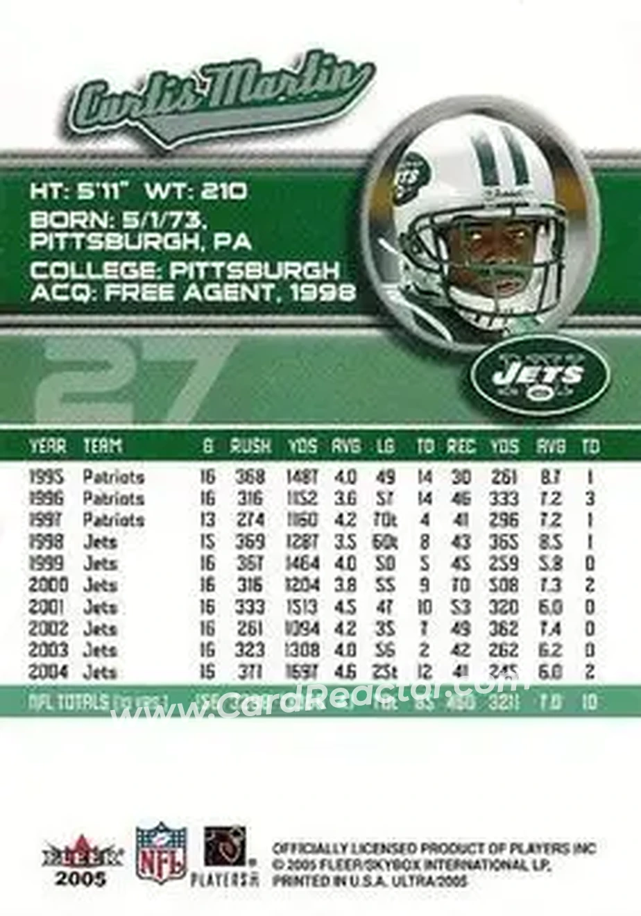 2005 Ultra #27 - Curtis Martin - New York Jets - Back