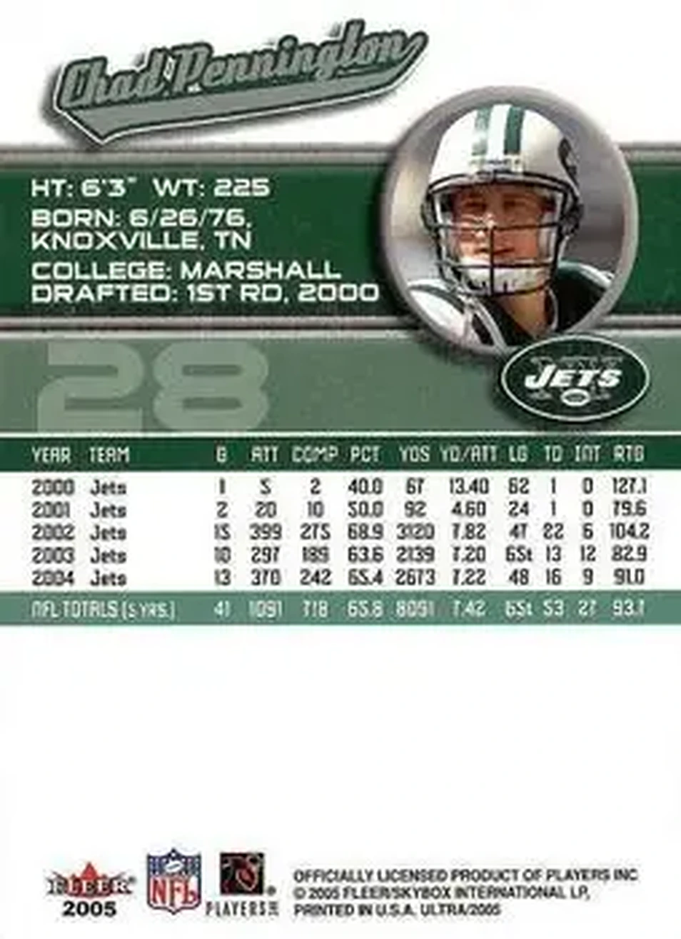 2005 Ultra #28 - Chad Pennington - New York Jets - Back
