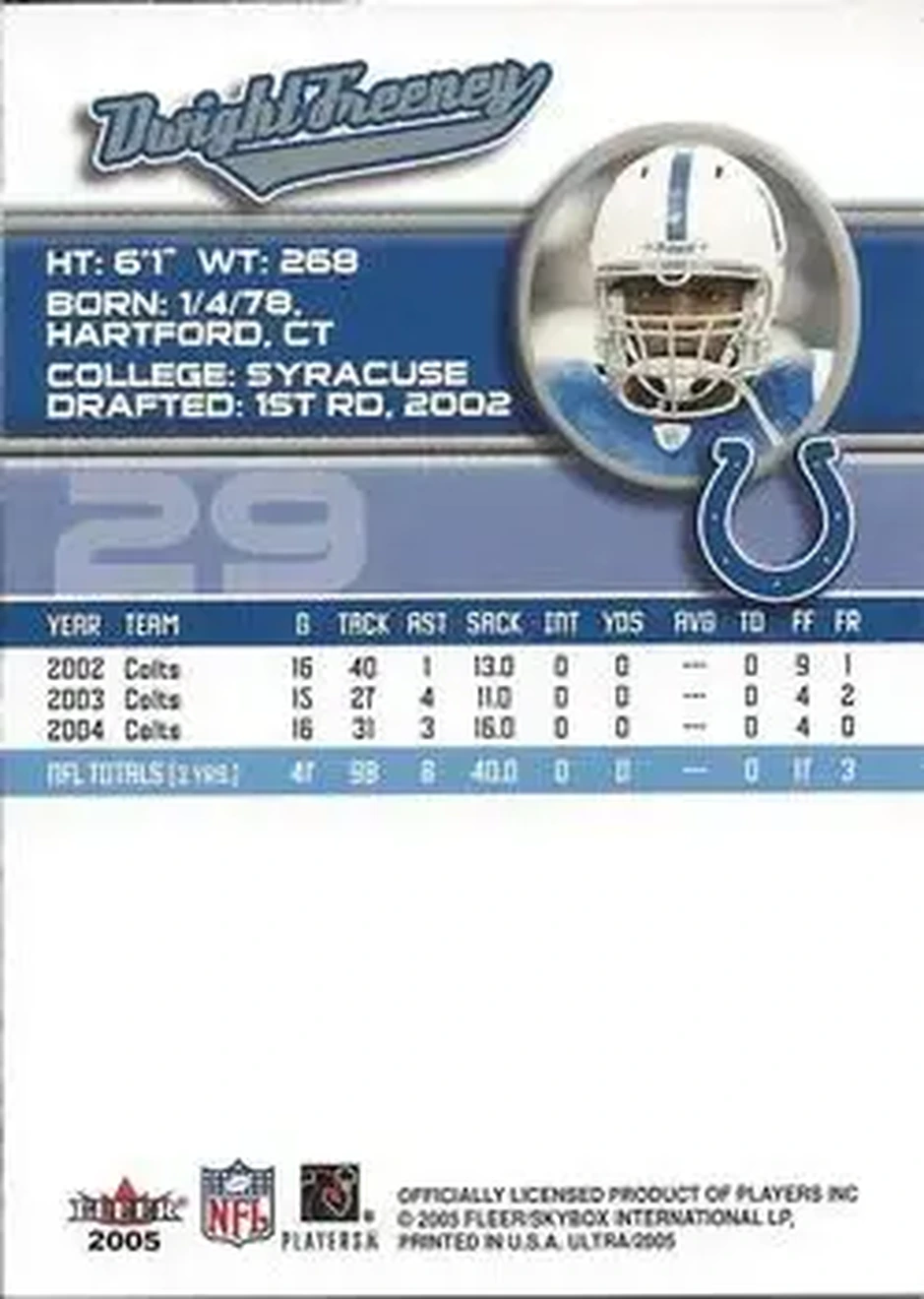 2005 Ultra #29 - Dwight Freeney - Indianapolis Colts - Back 2005 Ultra #29 - Dwight Freeney - Indianapolis Colts - Back