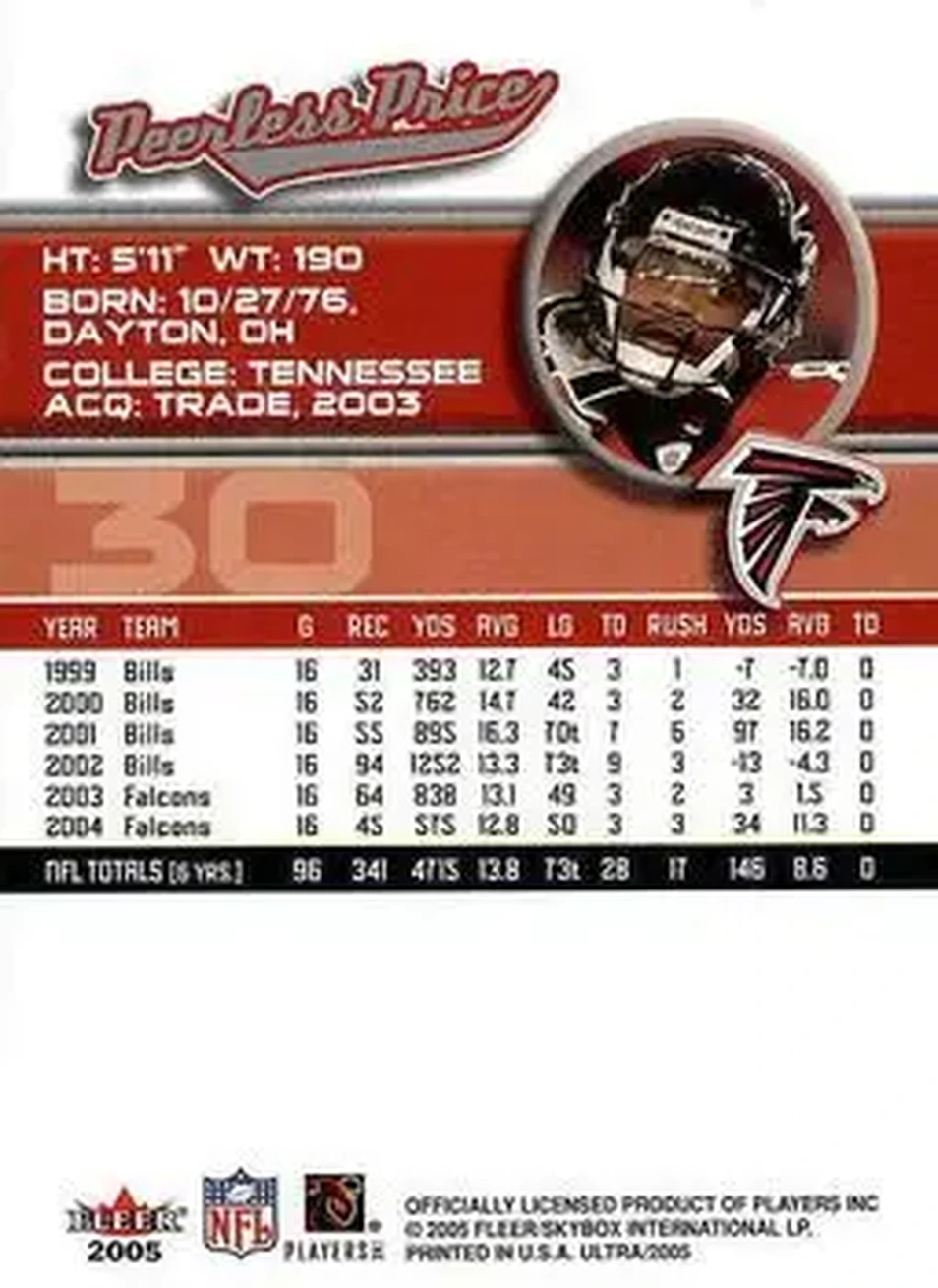 2005 Ultra #30 - Peerless Price - Atlanta Falcons - Back