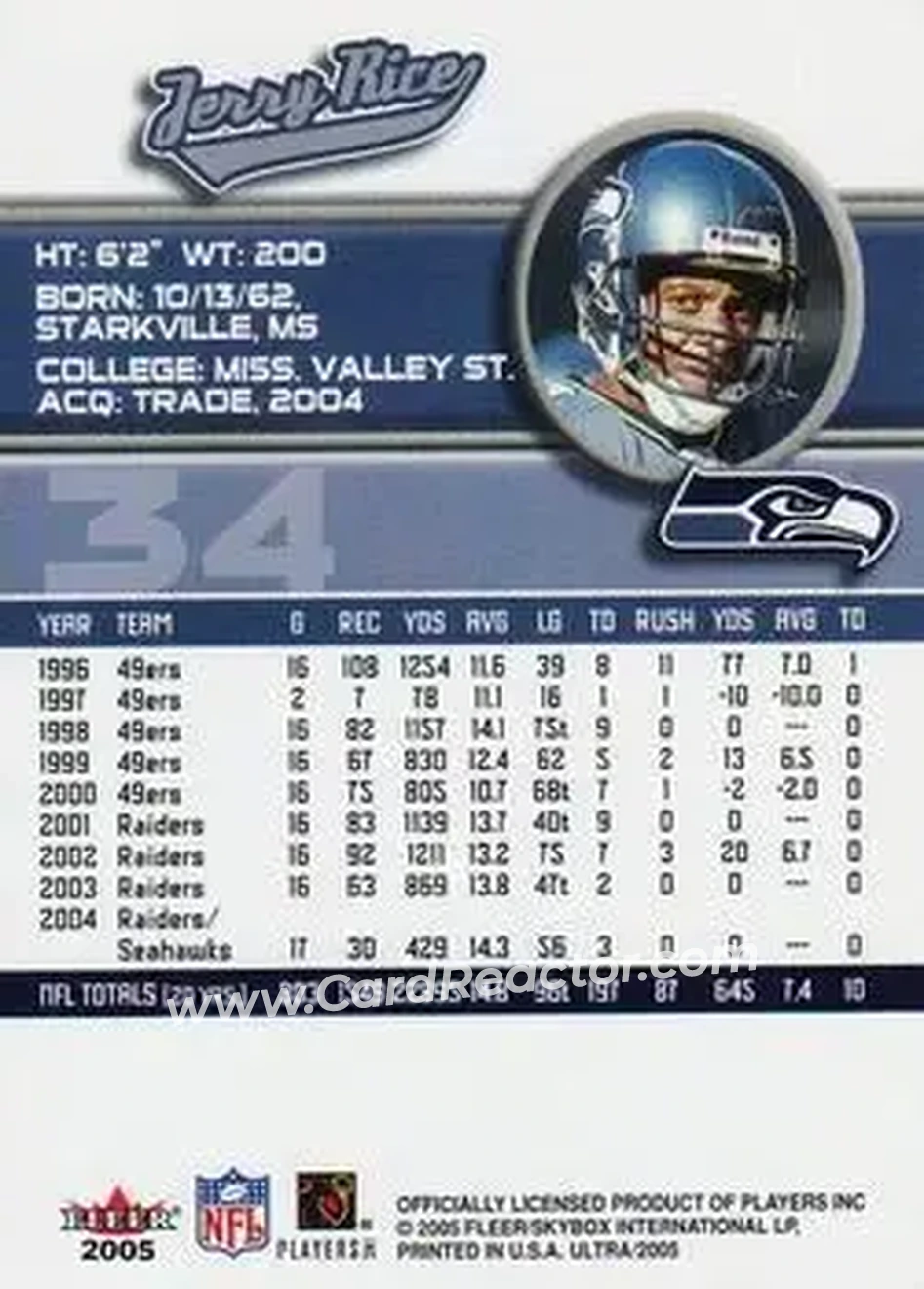 2005 Ultra #34 - Jerry Rice - Seattle Seahawks - Back 2005 Ultra #34 - Jerry Rice - Seattle Seahawks - Back